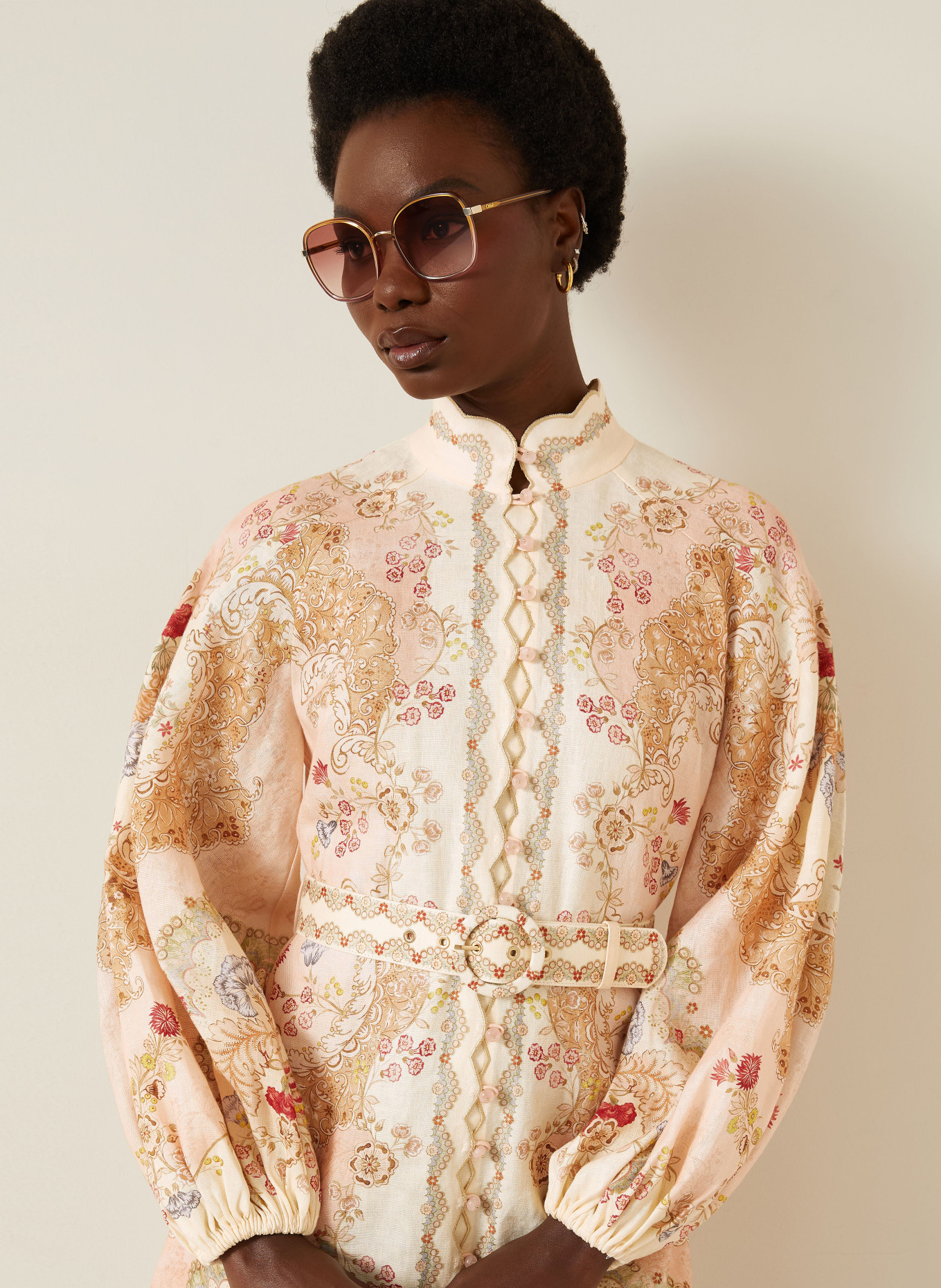 ZIMMERMANN DAYLIGHT linen dress with glitter thread: CREAM / LIGHT PURPLE / RED