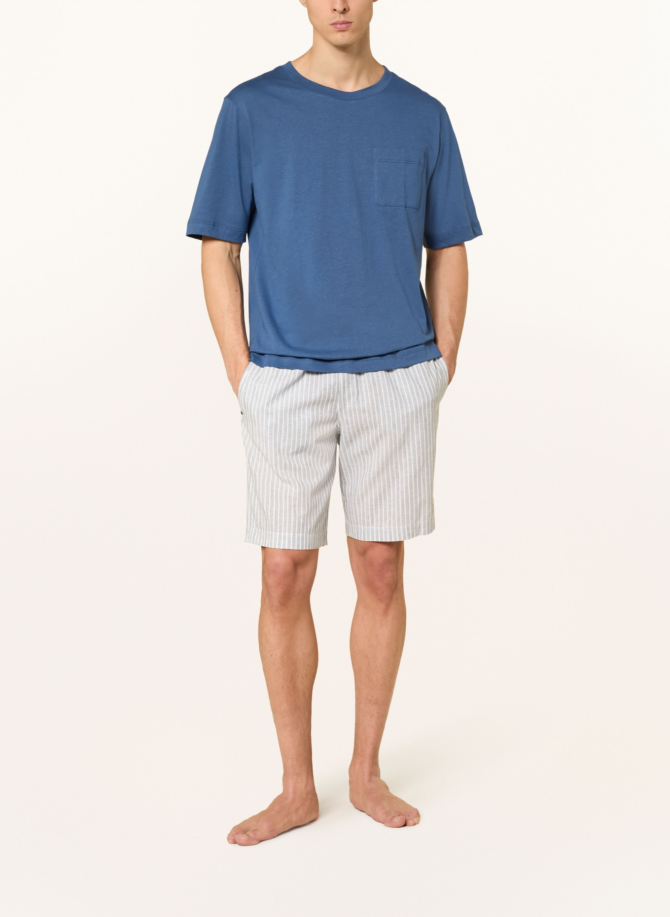 SCHIESSER Short de nuit MIX+RELAX avec lin: BLEU GRIS / BLANC