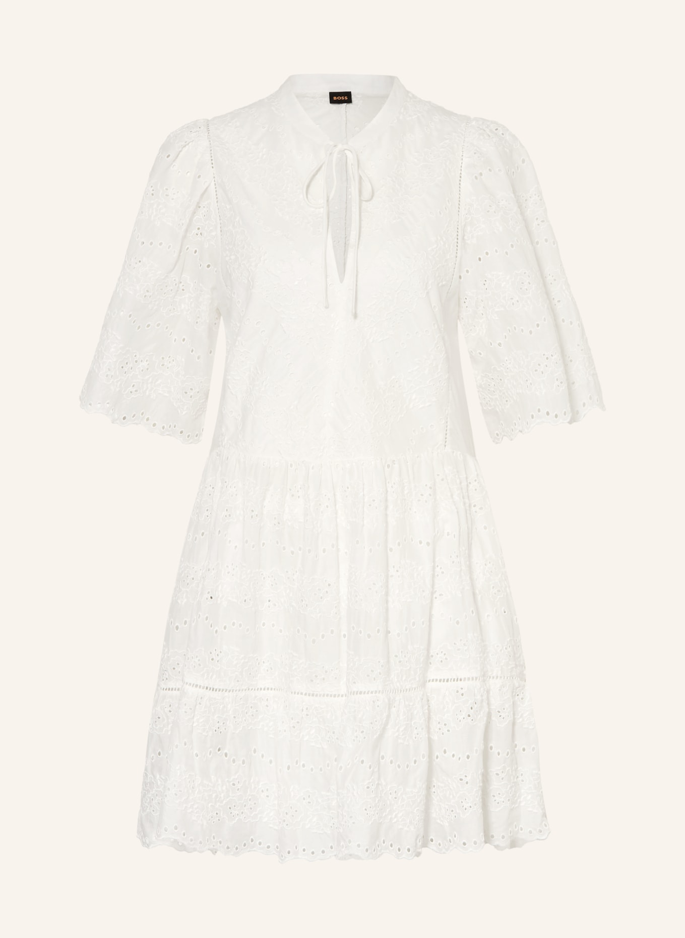 BOSS DENVITA-jurk van opengewerkte kant met 3/4-mouwen: WIT