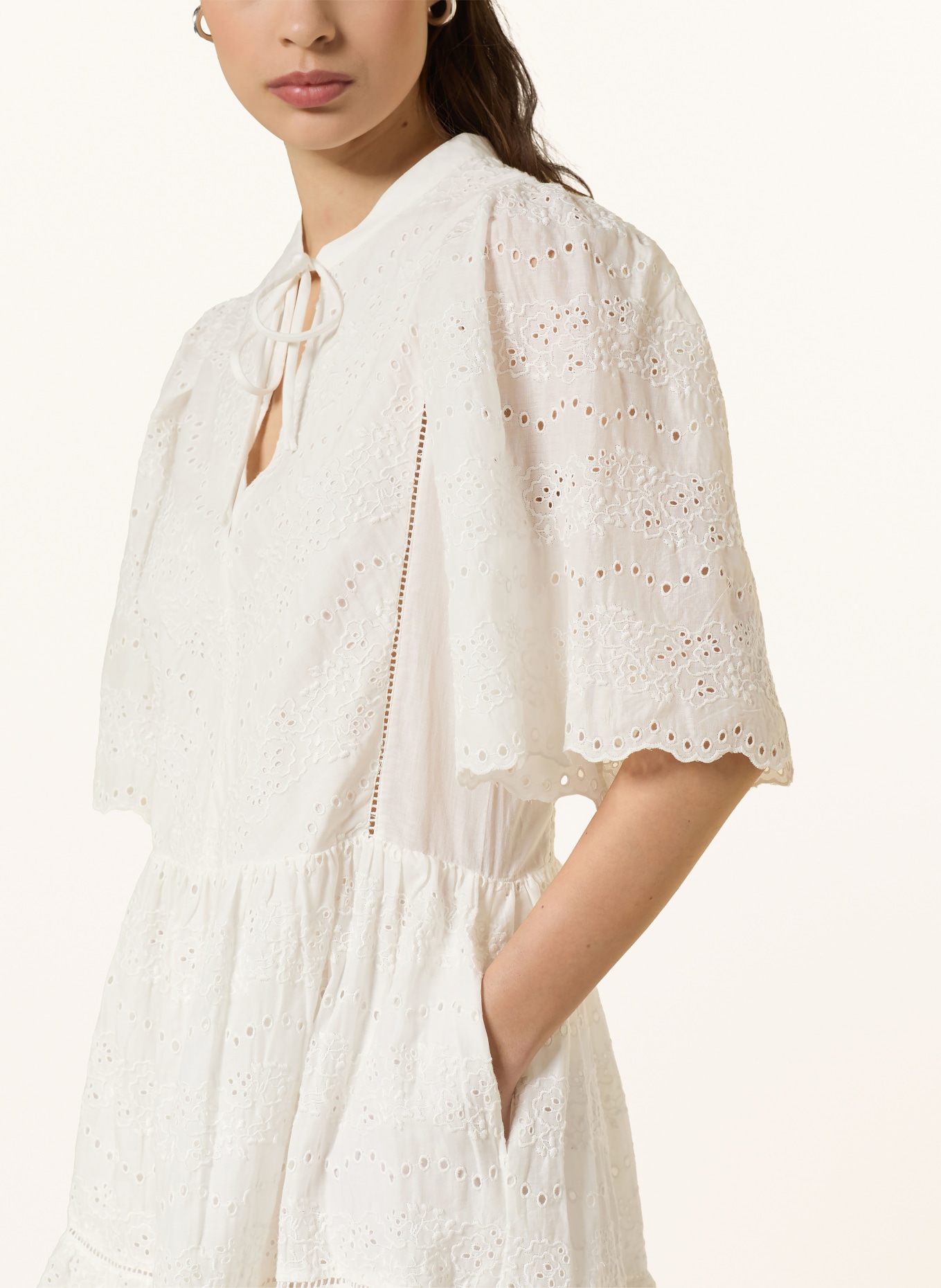 BOSS DENVITA-jurk van opengewerkte kant met 3/4-mouwen: WIT