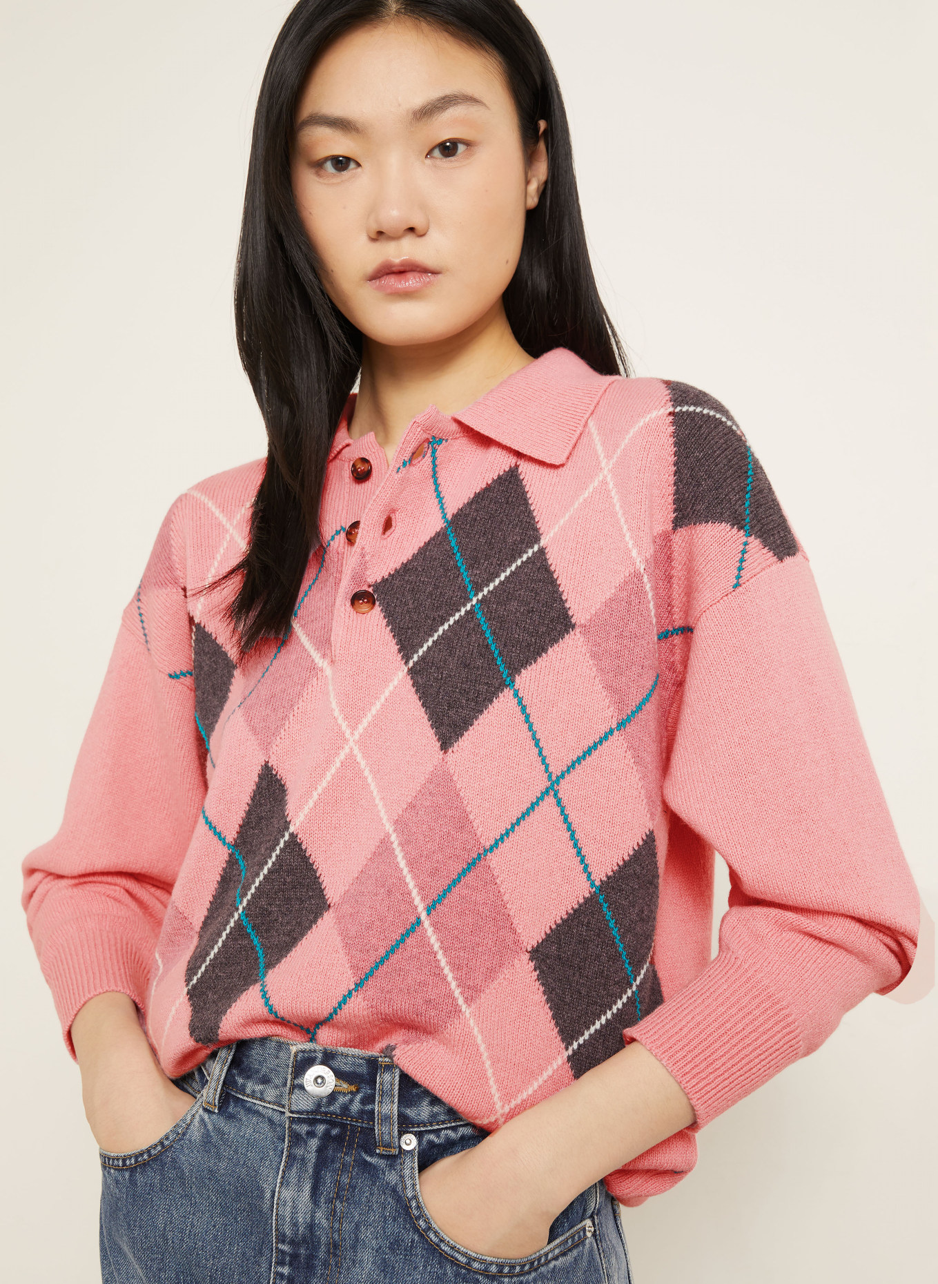 JW ANDERSON Strick-Poloshirt: ROSA / ALTROSA / PETROL