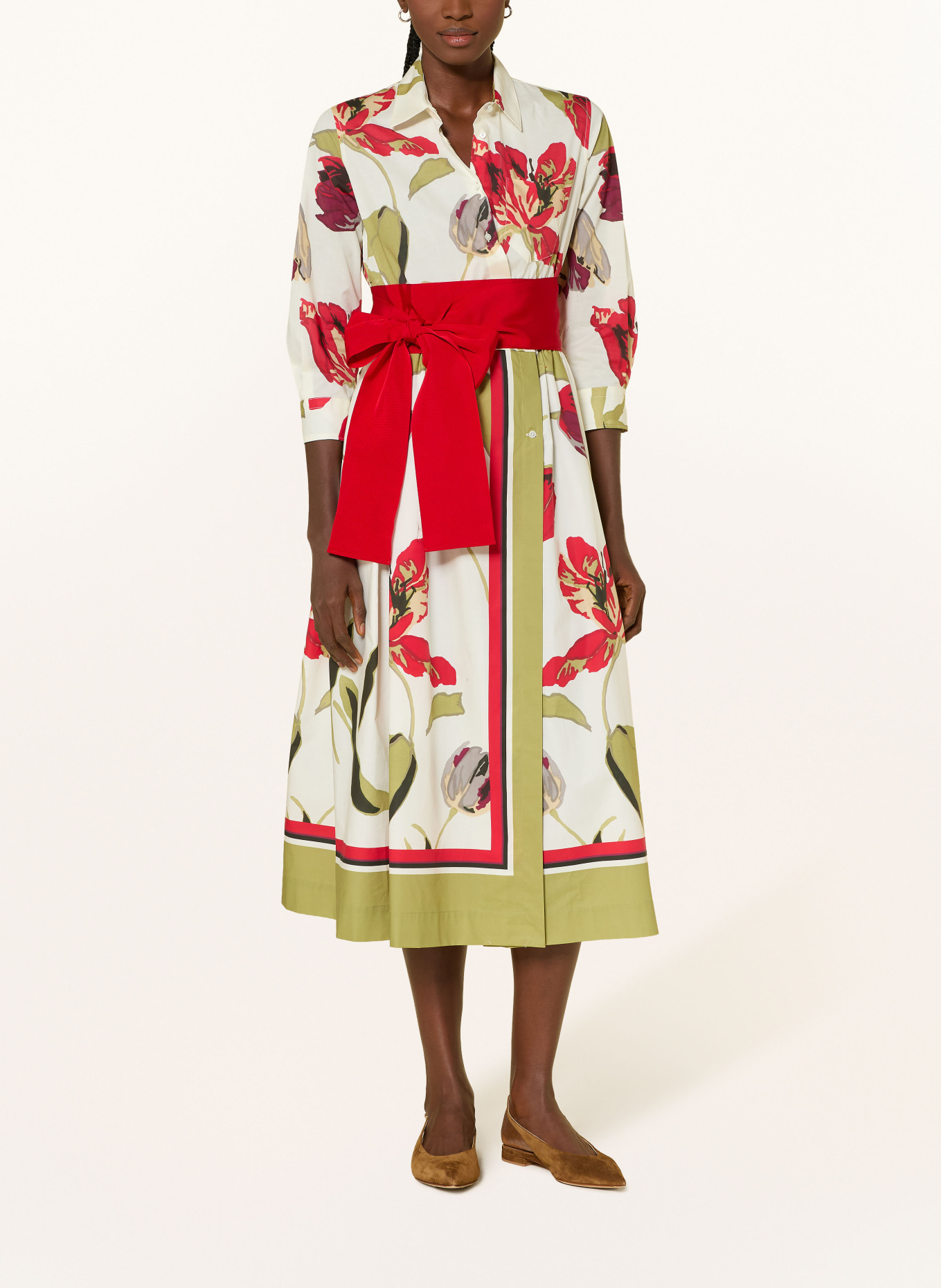 sara roka ELENA shirt dress with 3/4 sleeves: CREAM / RED / OLIVE