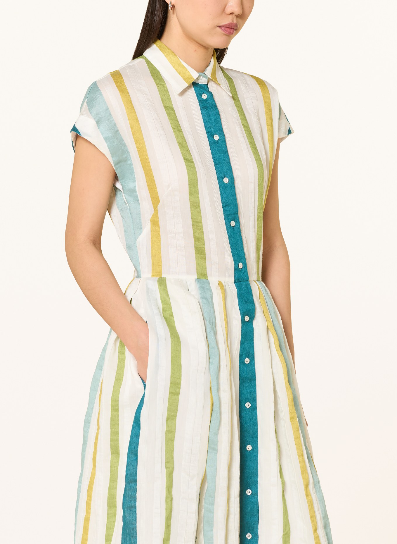 sara roka Hemdblusenkleid EDRINA mit Leinen: CREME / GRÜN / PETROL