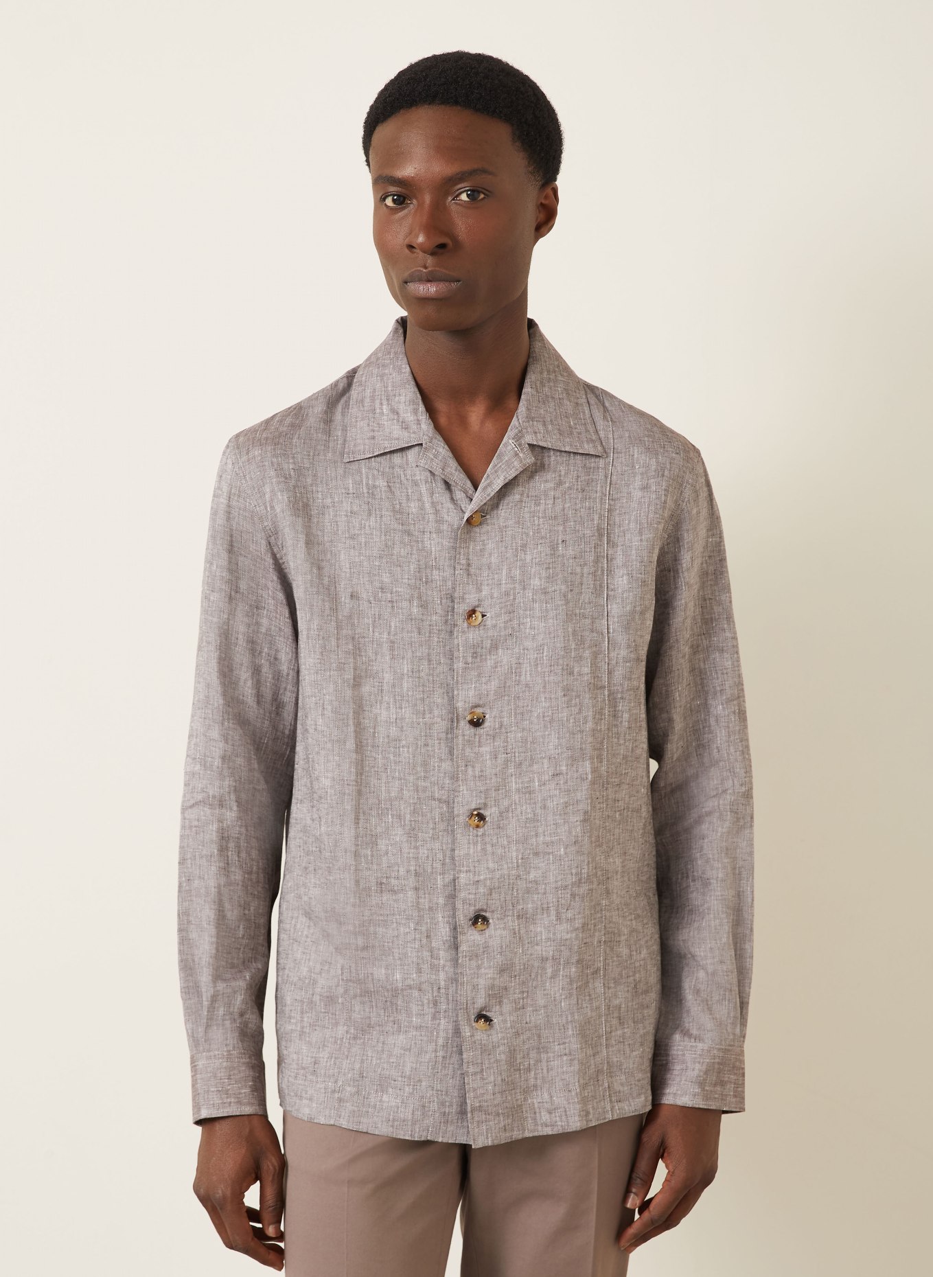 BRUNELLO CUCINELLI Comfort Fit linen shirt: DARK BROWN / WHITE