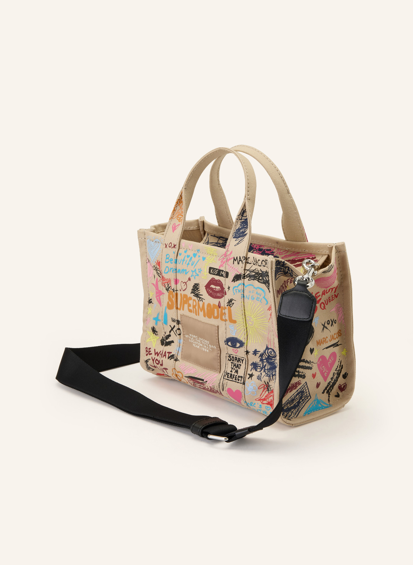 MARC JACOBS Umhängetasche THE PUNK SCRIBBLE CANVAS SMALL TOTE BAG: HELLBRAUN / ROT / SCHWARZ