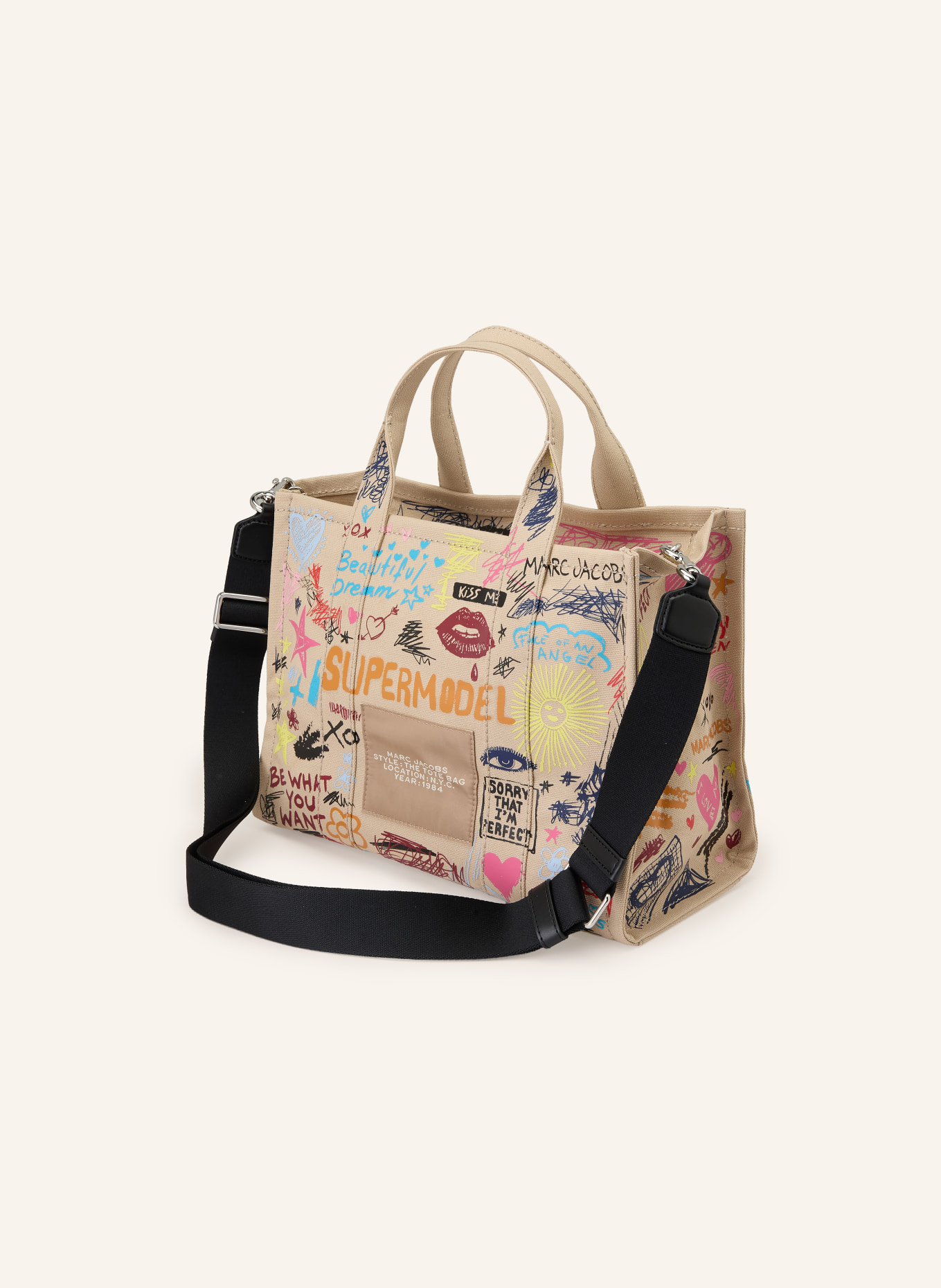 MARC JACOBS Handtasche THE PUNK SCRIBBLE CANVAS MEDIUM TOTE BAG: BEIGE / ROSA / SCHWARZ