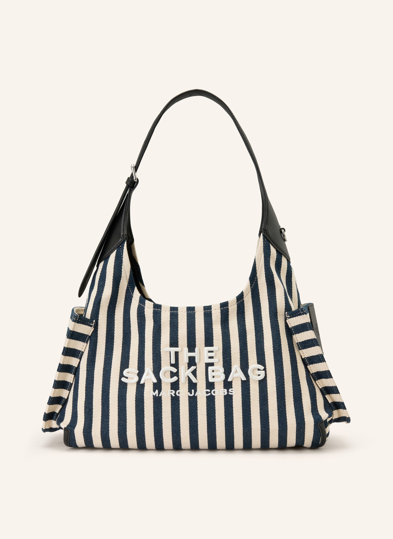 MARC JACOBS Schultertasche THE STRIPE CANVAS BELTED SACK BAG: BEIGE / DUNKELBLAU / SCHWARZ