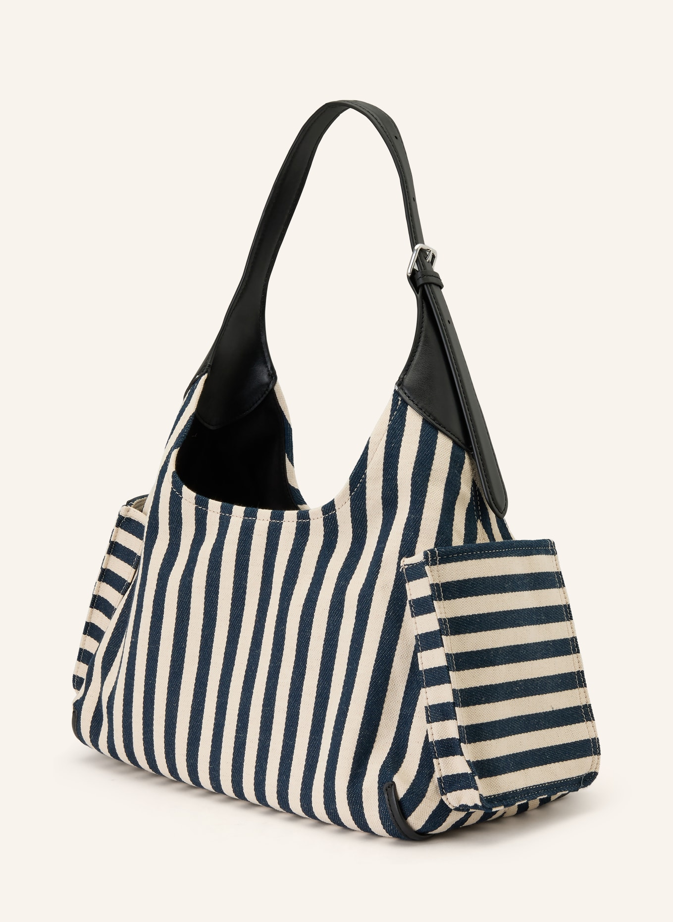 MARC JACOBS Schultertasche THE STRIPE CANVAS BELTED SACK BAG: BEIGE / DUNKELBLAU / SCHWARZ