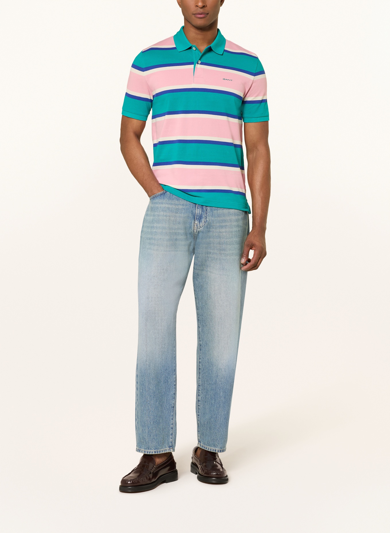 GANT Koszulka polo z pikowanym wzorem: NIEBIESKI / RÓŻOWY / PETROL