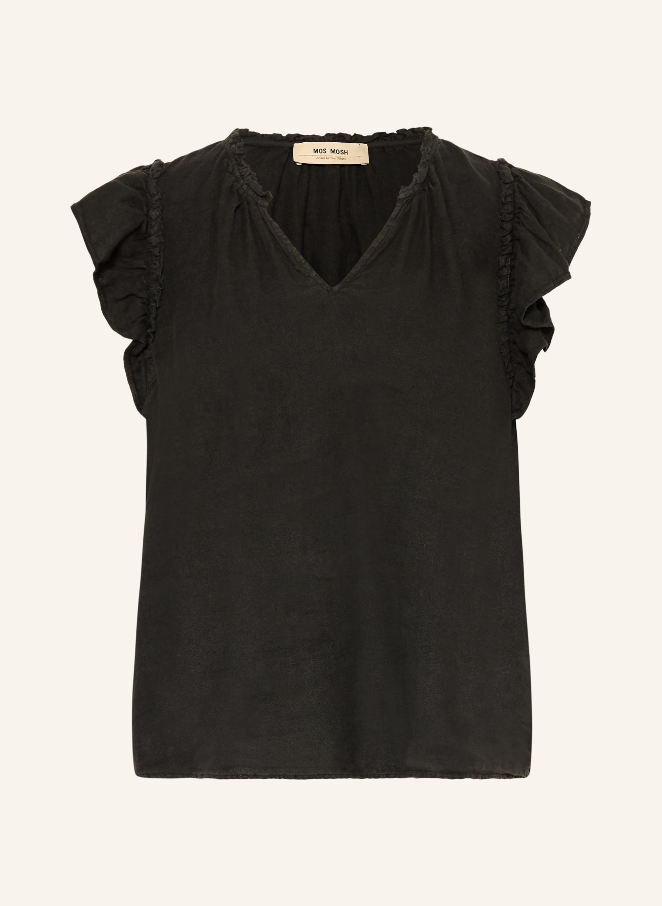 MOS MOSH MMTEA-blouse van linnen met ruches: ZWART