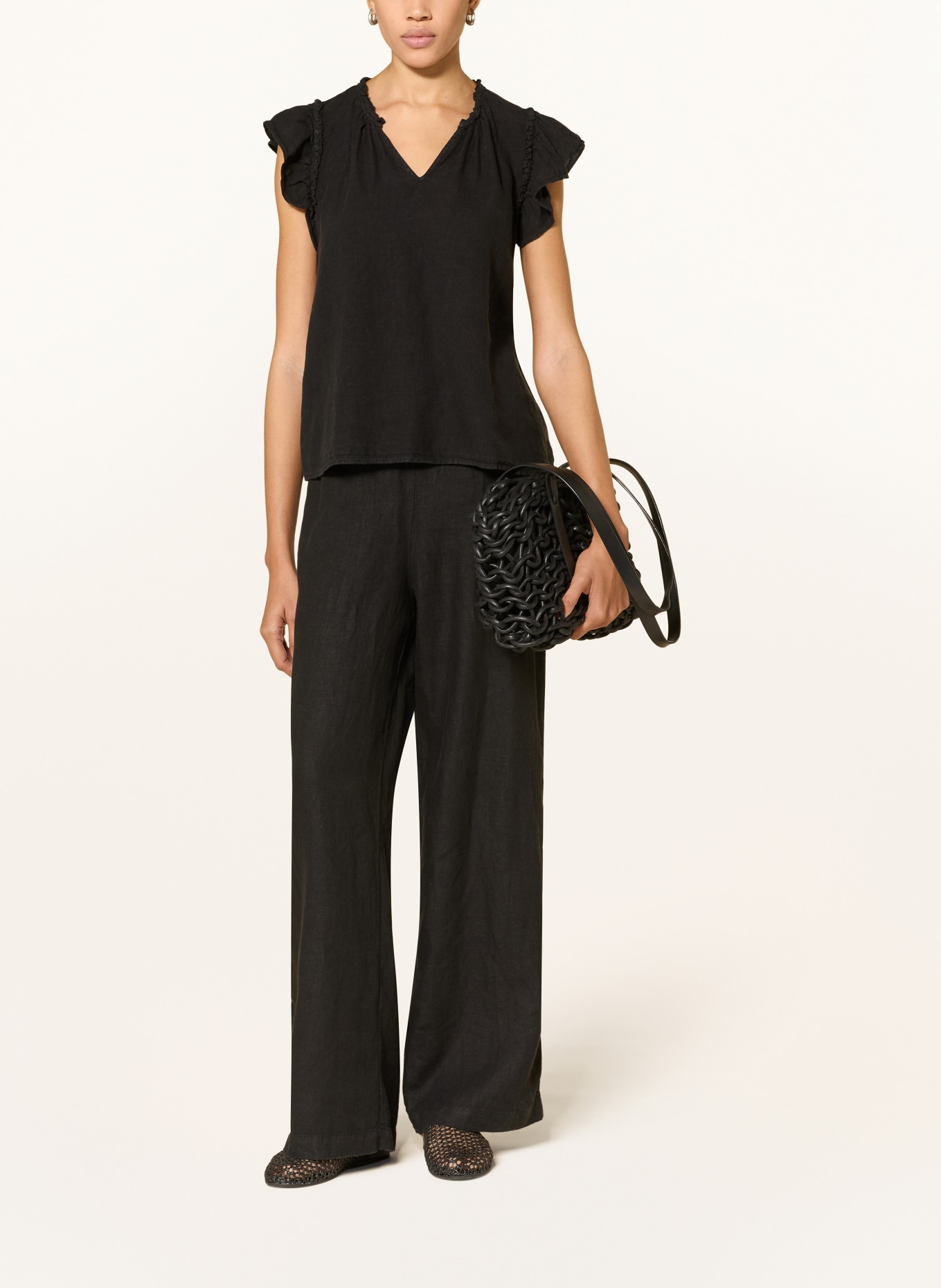 MOS MOSH MMTEA-blouse van linnen met ruches: ZWART