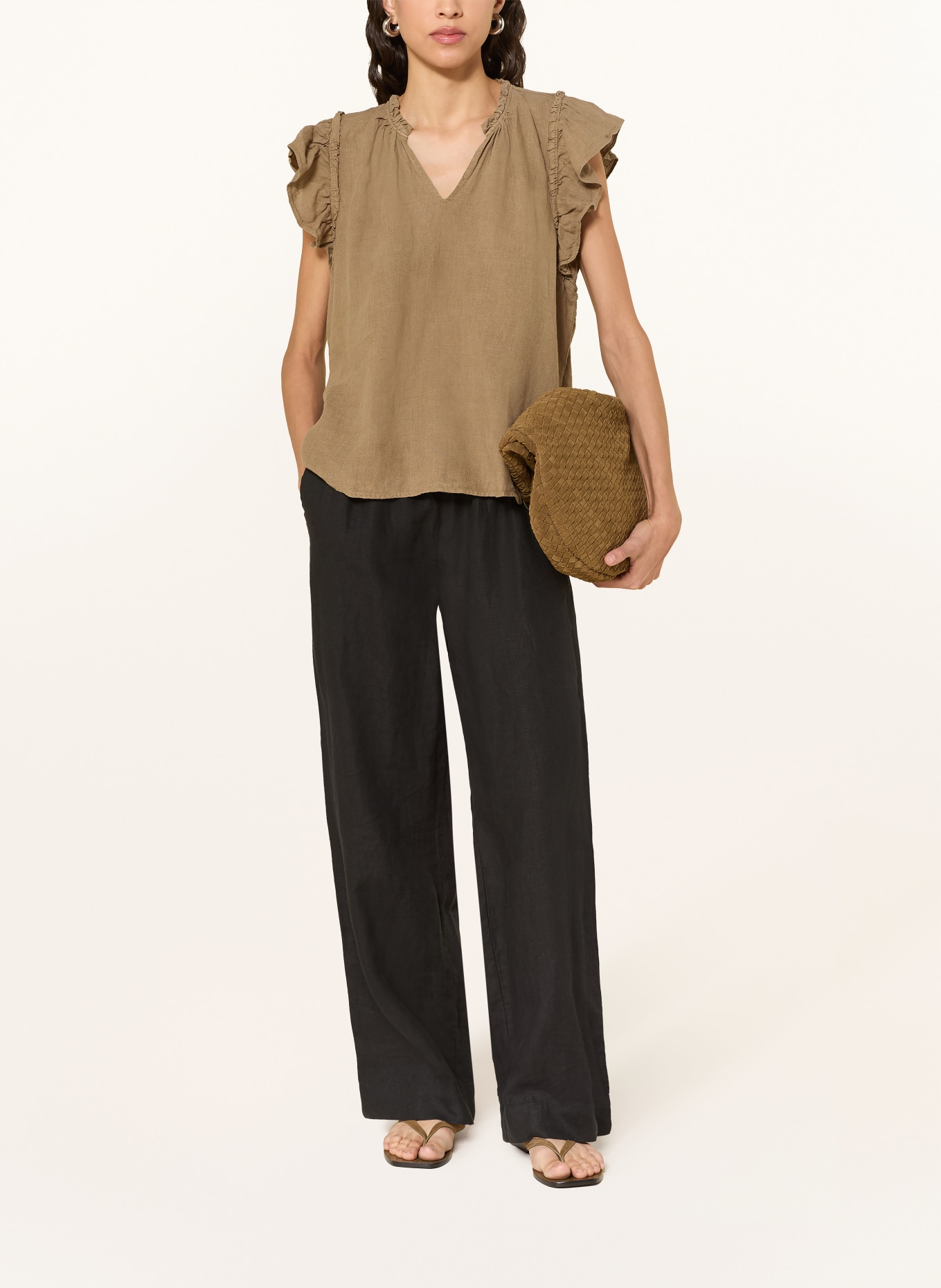 MOS MOSH MMTEA-blouse van linnen met ruches: KAKI