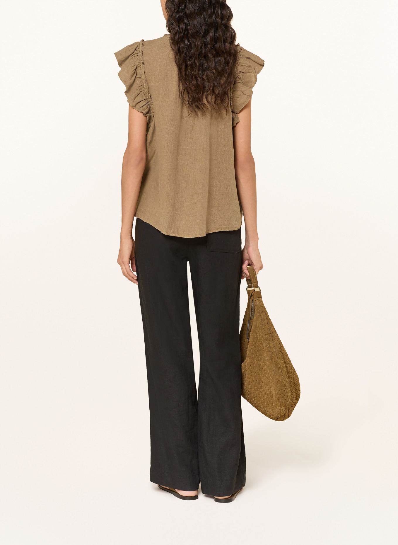 MOS MOSH MMTEA-blouse van linnen met ruches: KAKI