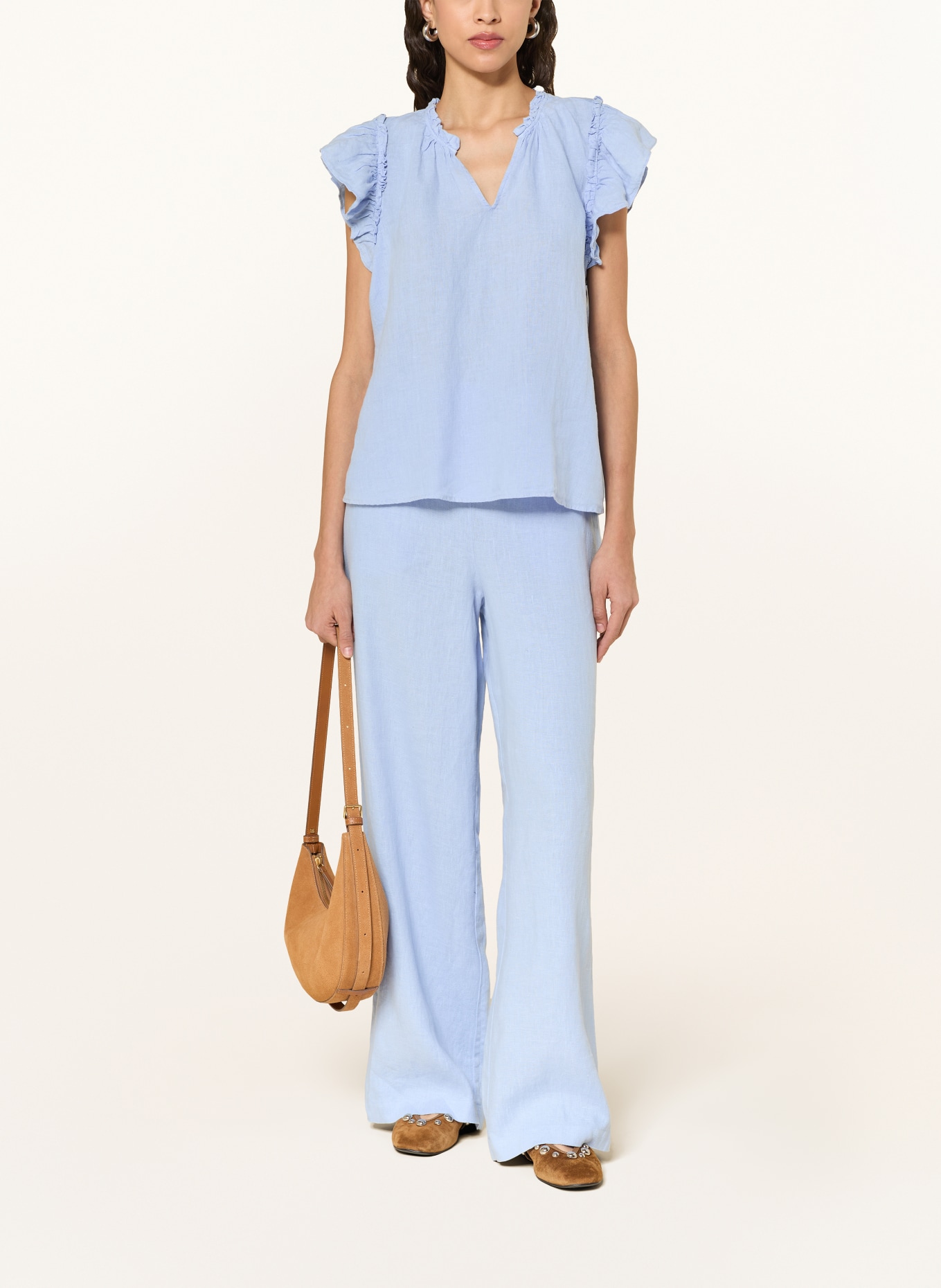 MOS MOSH MMTEA-blouse van linnen met ruches: LICHTBLAUW