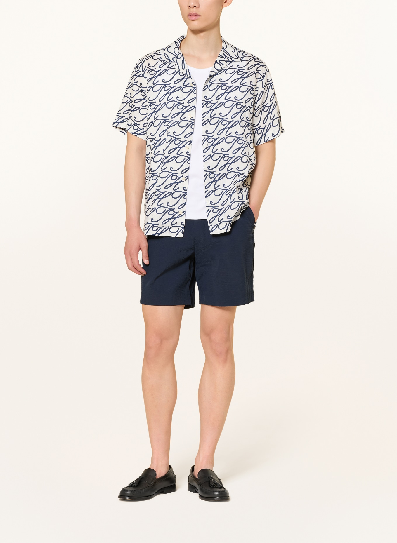 TOMMY HILFIGER Resorthemd met normale pasvorm van linnen: WIT / DONKERBLAUW