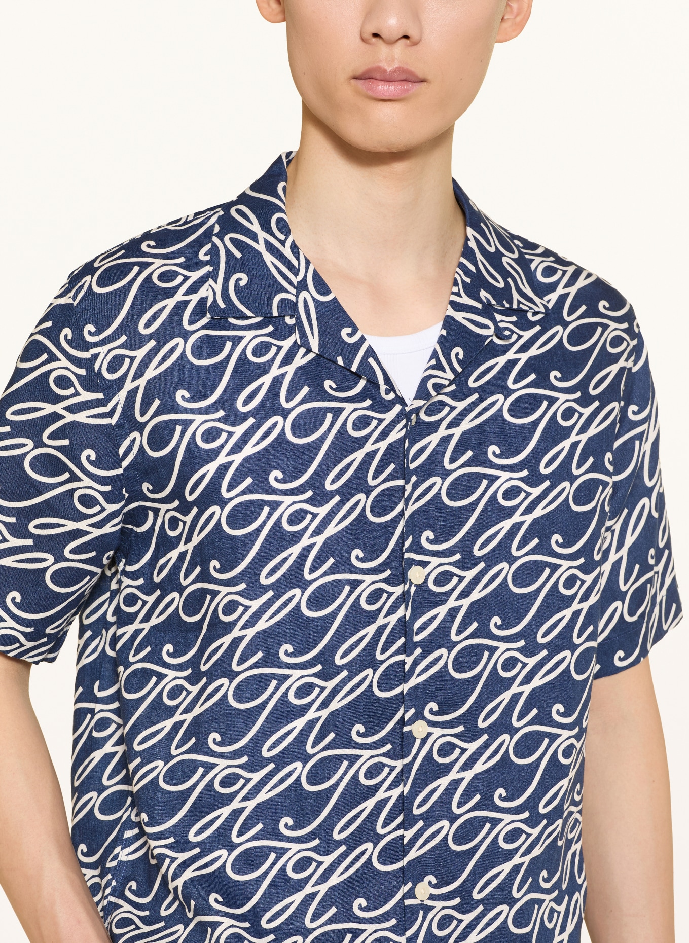 TOMMY HILFIGER Resorthemd met normale pasvorm van linnen: DONKERBLAUW / WIT