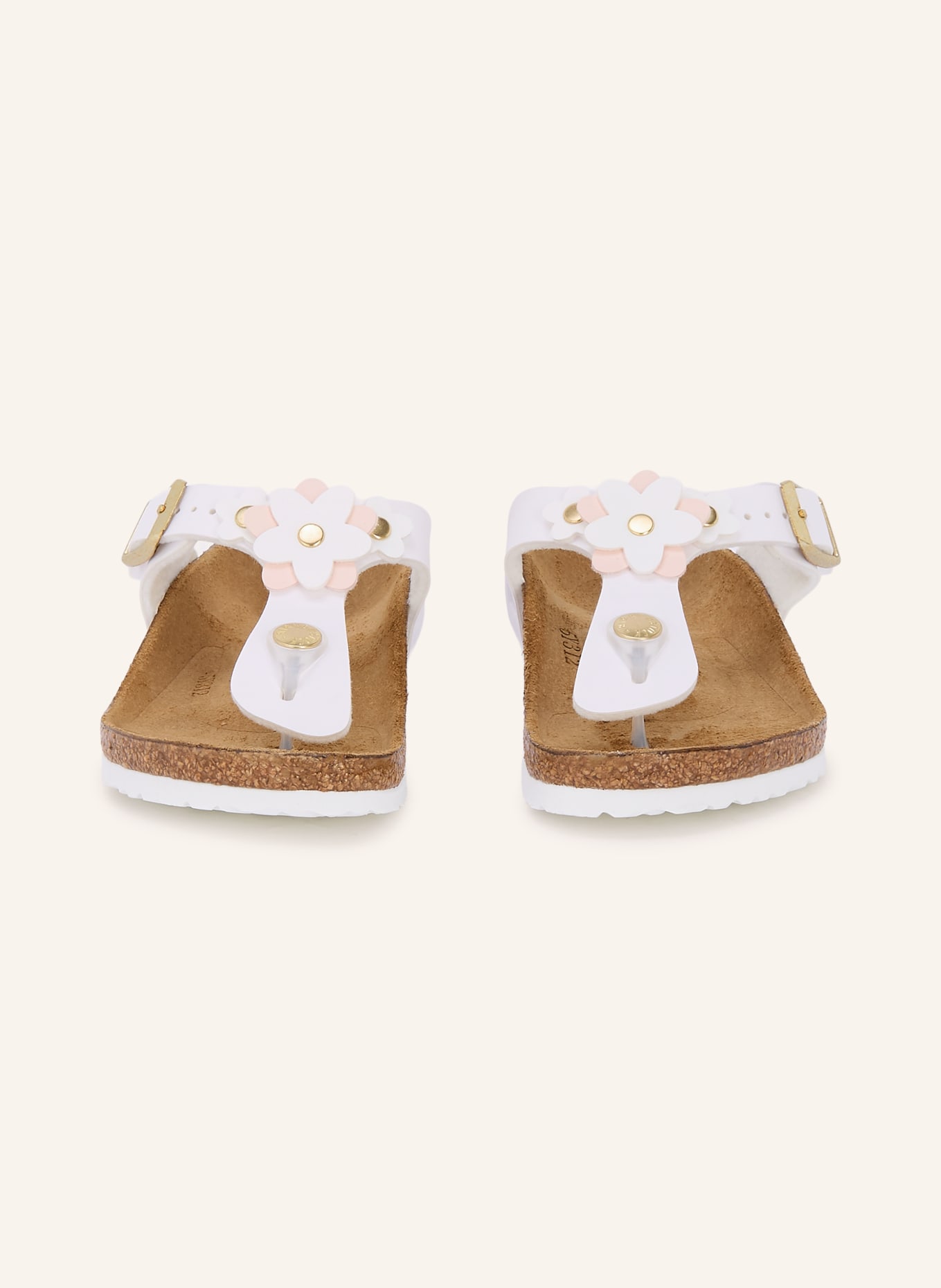 BIRKENSTOCK Zehentrenner GIZEH FLOWERS mit Nieten: WEISS / GOLD / ROSA
