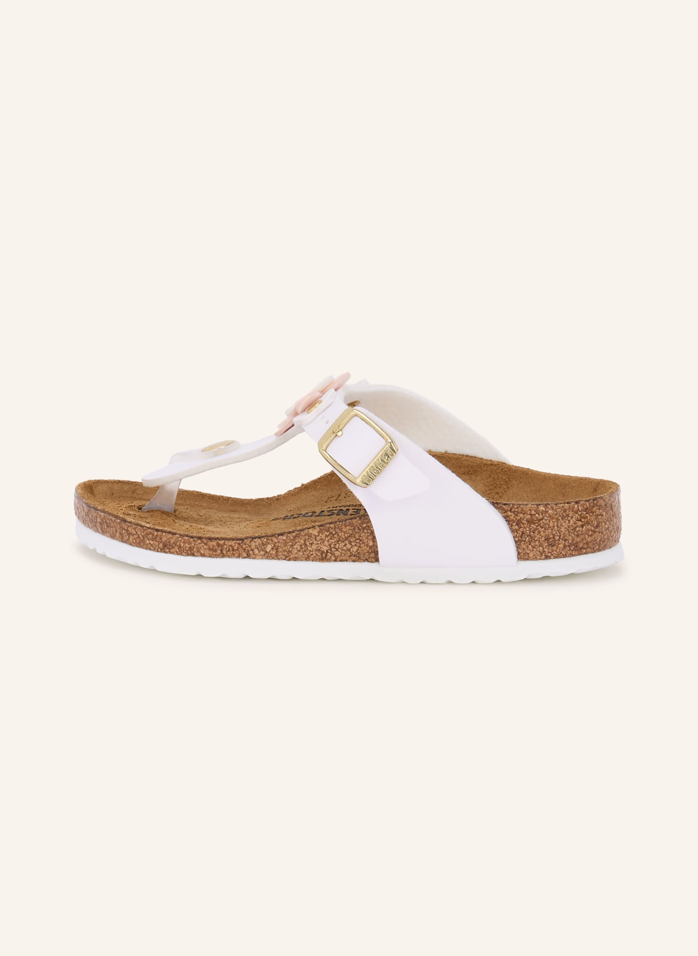 BIRKENSTOCK Zehentrenner GIZEH FLOWERS mit Nieten: WEISS / GOLD / ROSA