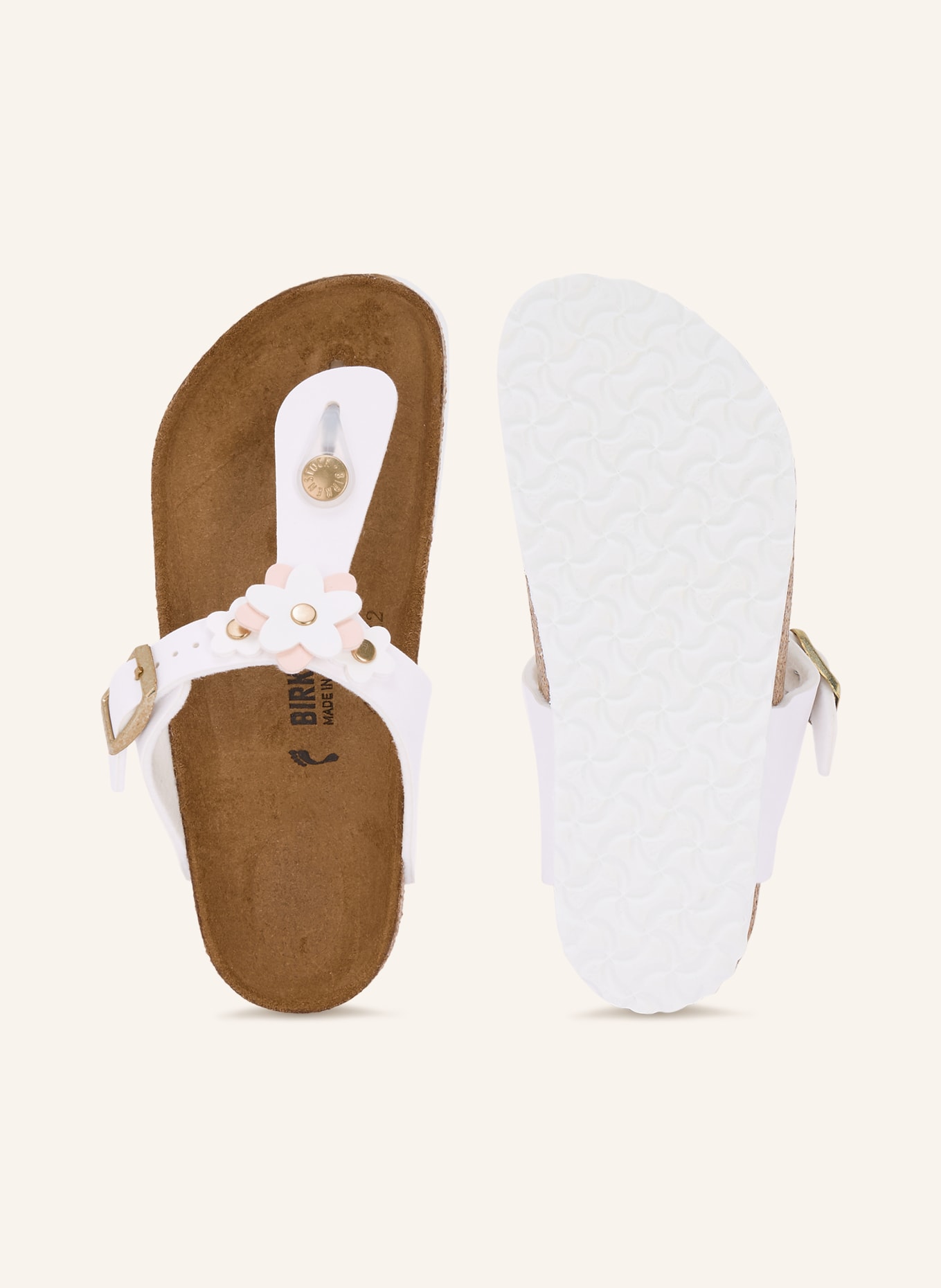 BIRKENSTOCK Zehentrenner GIZEH FLOWERS mit Nieten: WEISS / GOLD / ROSA
