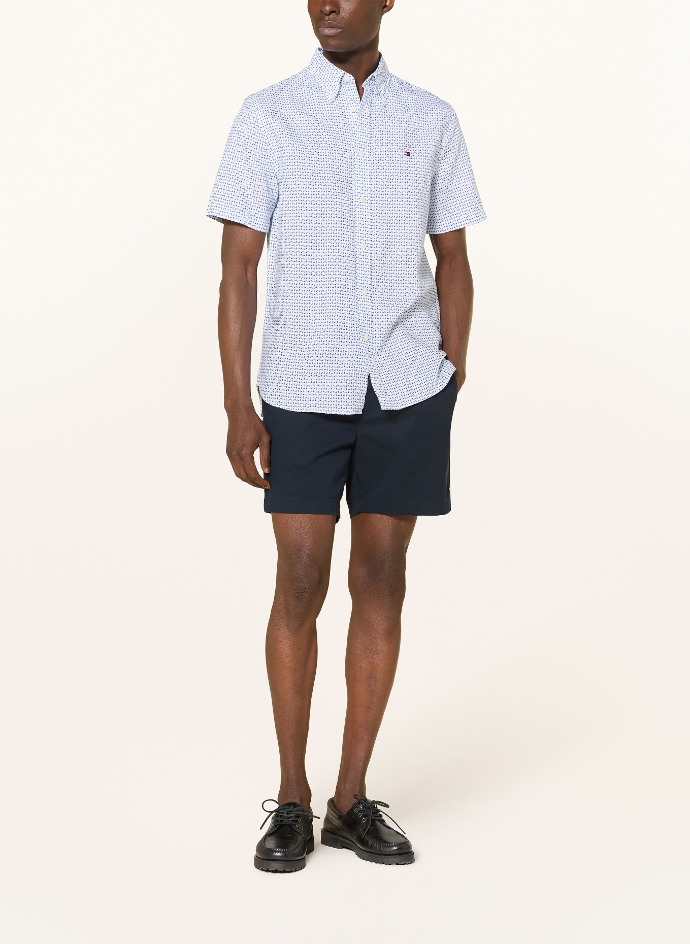 TOMMY HILFIGER Kurzarm-Hemd Regular Fit mit Leinen: WEISS / DUNKELBLAU