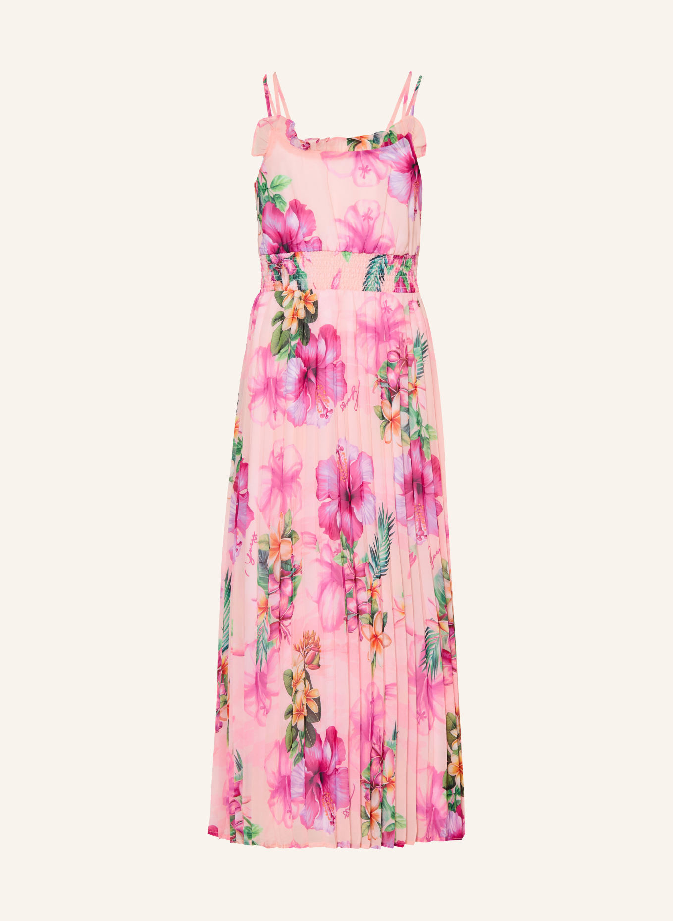 GUESS Sukienka plisowana z falbanami: RÓŻOWY / MOCNORÓŻOWY / ZIELONY