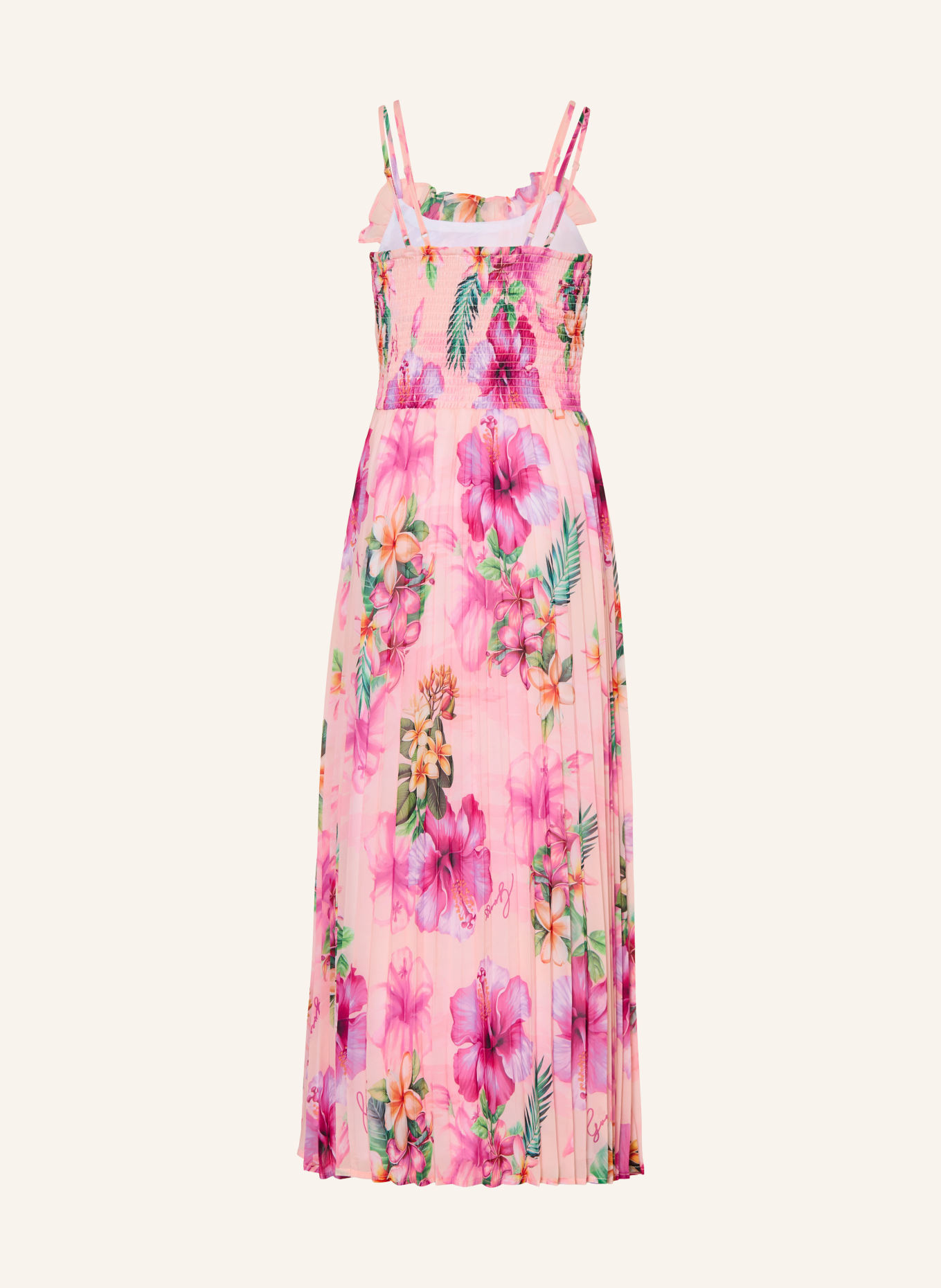 GUESS Sukienka plisowana z falbanami: RÓŻOWY / MOCNORÓŻOWY / ZIELONY