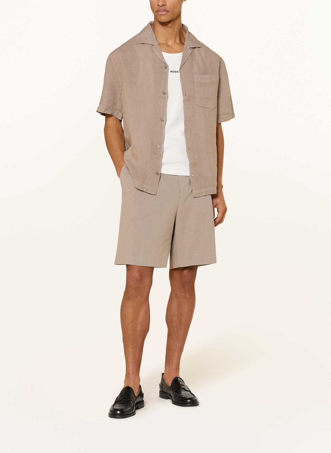 HUGO Koszula wypoczynkowa EXOLINO Comfort Fit z lnu: SZAROBRĄZOWY