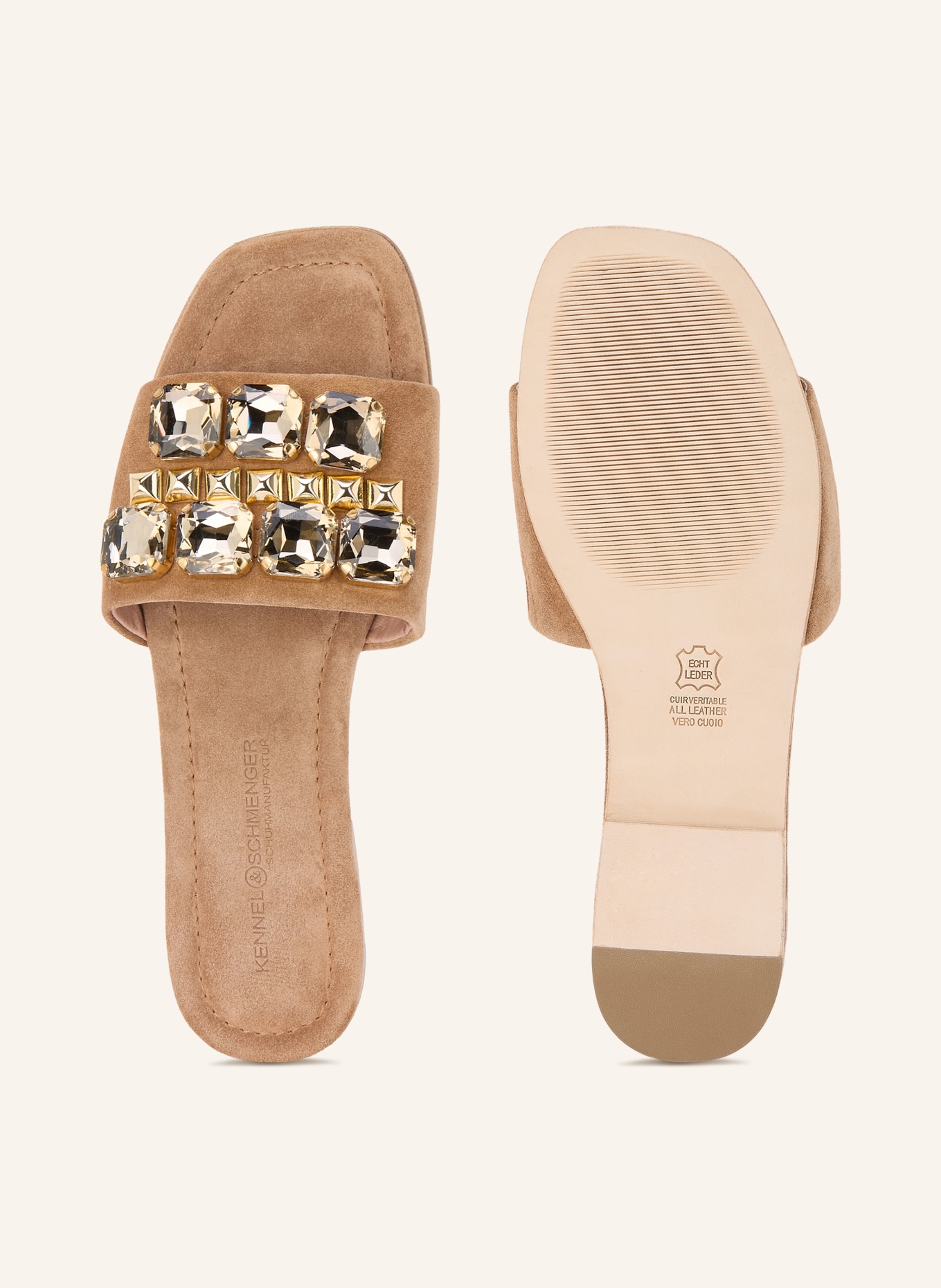 KENNEL & SCHMENGER Pantoletten HOLLY mit Schmucksteinen und Nieten: BEIGE / GOLD