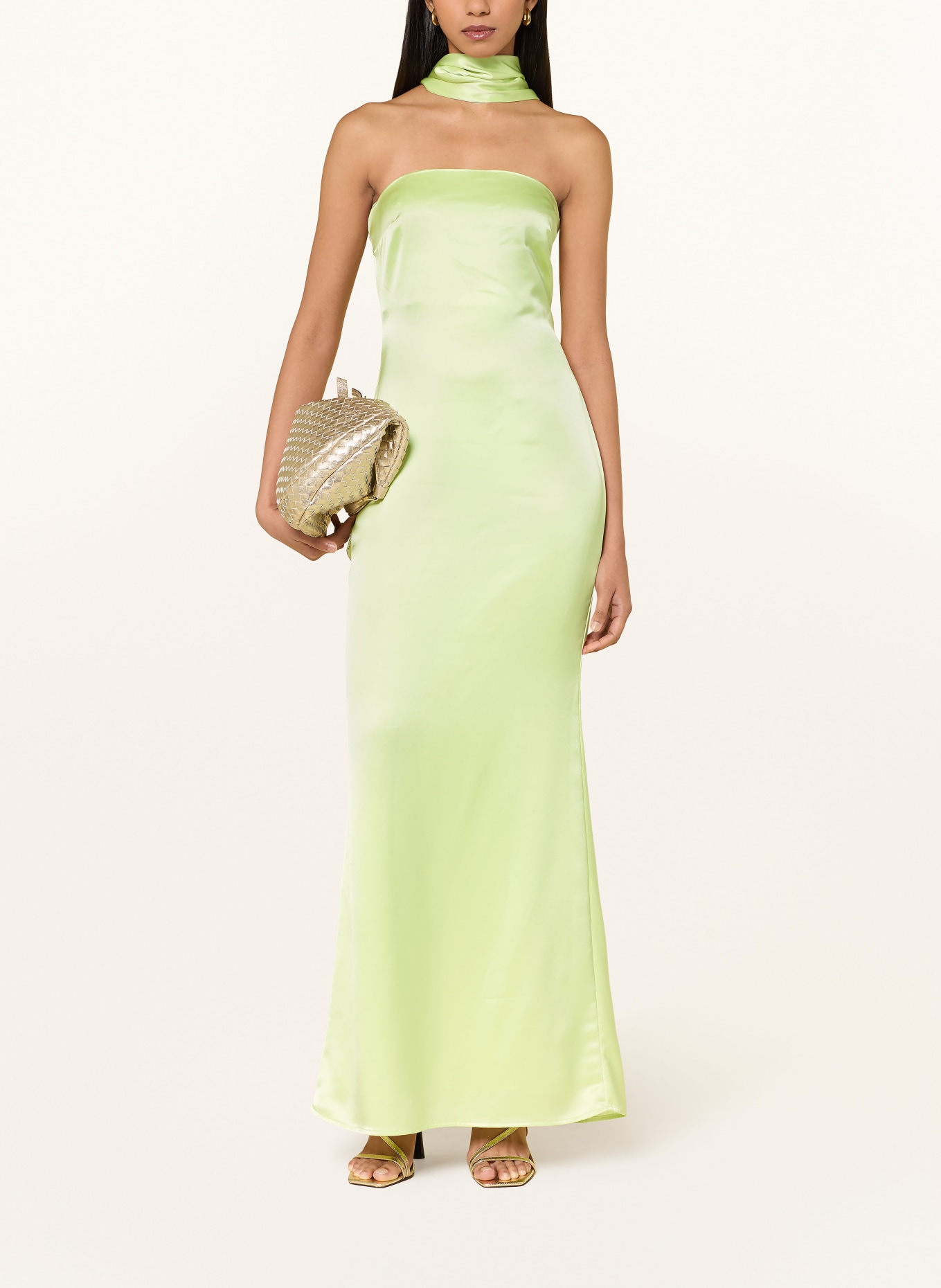 MALINA Off-Shoulder-Kleid ZELDA aus Satin mit abnehmbarem Schal: HELLGRÜN