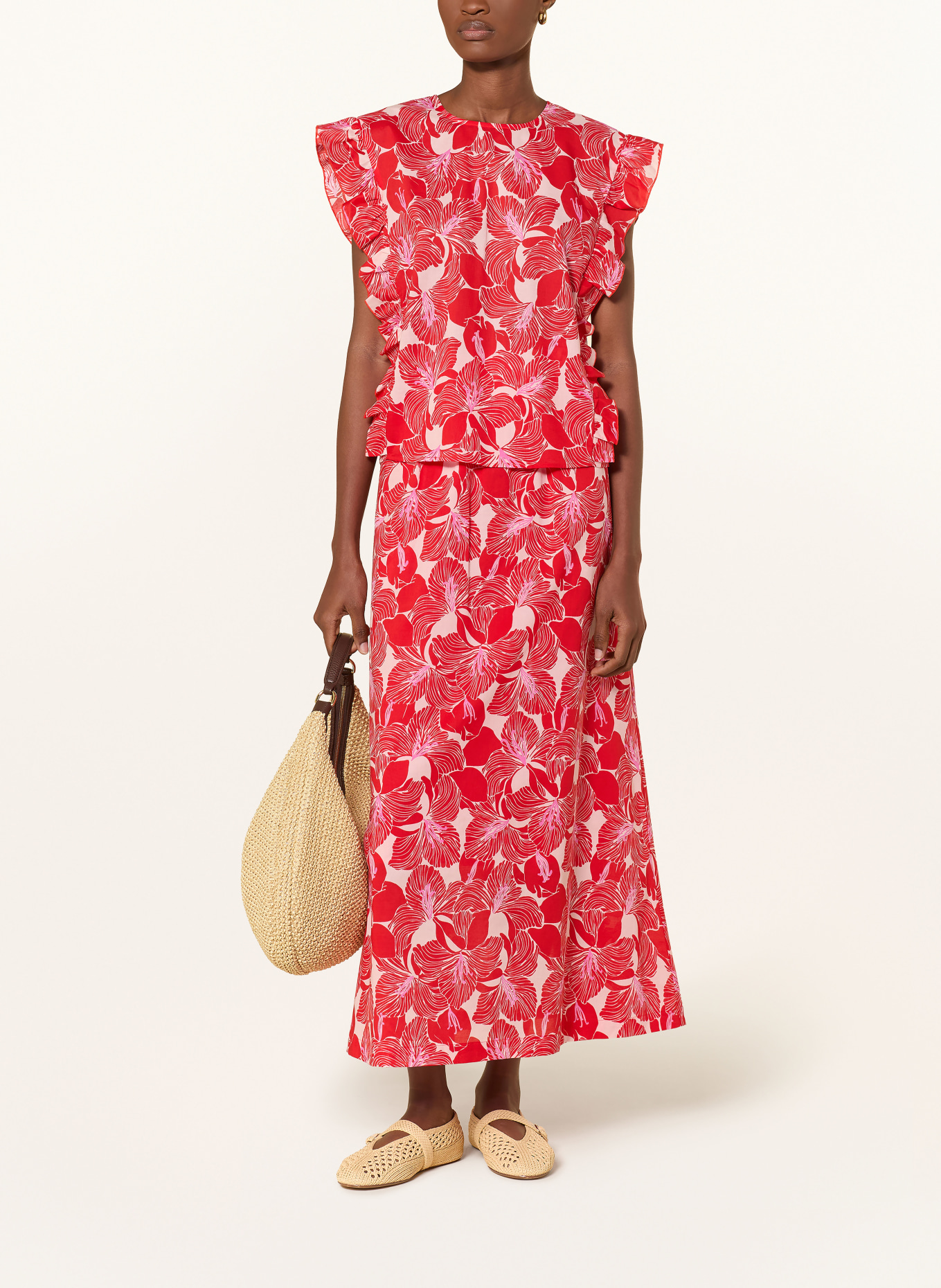 LANIUS Blusentop mit Rüschen: ROT / HELLROSA / ROSA