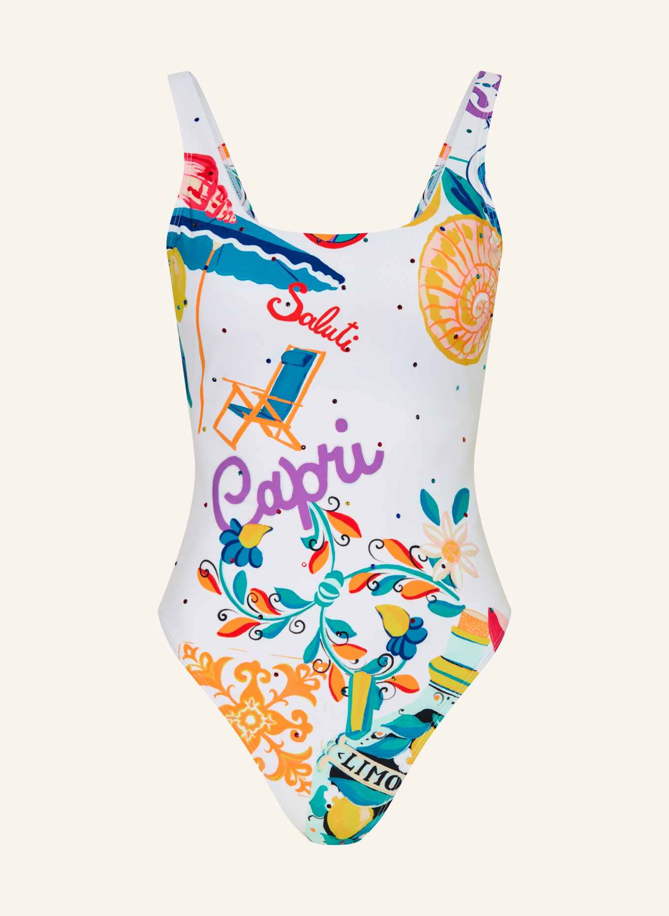 GOLDBERGH Badeanzug CAPRICIA mit Schmucksteinen: WEISS / GELB / PETROL