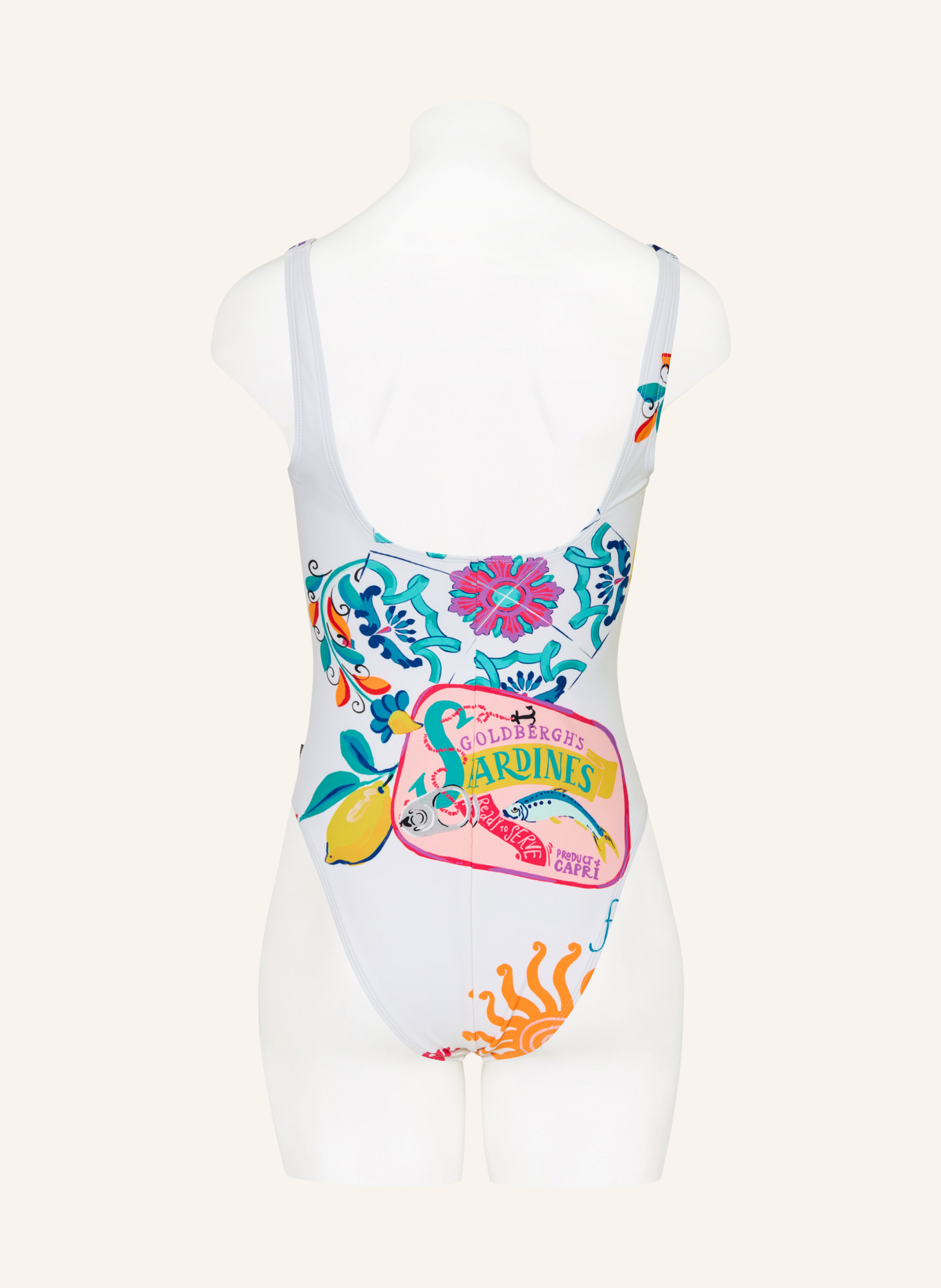 GOLDBERGH Badeanzug CAPRICIA mit Schmucksteinen: WEISS / GELB / PETROL