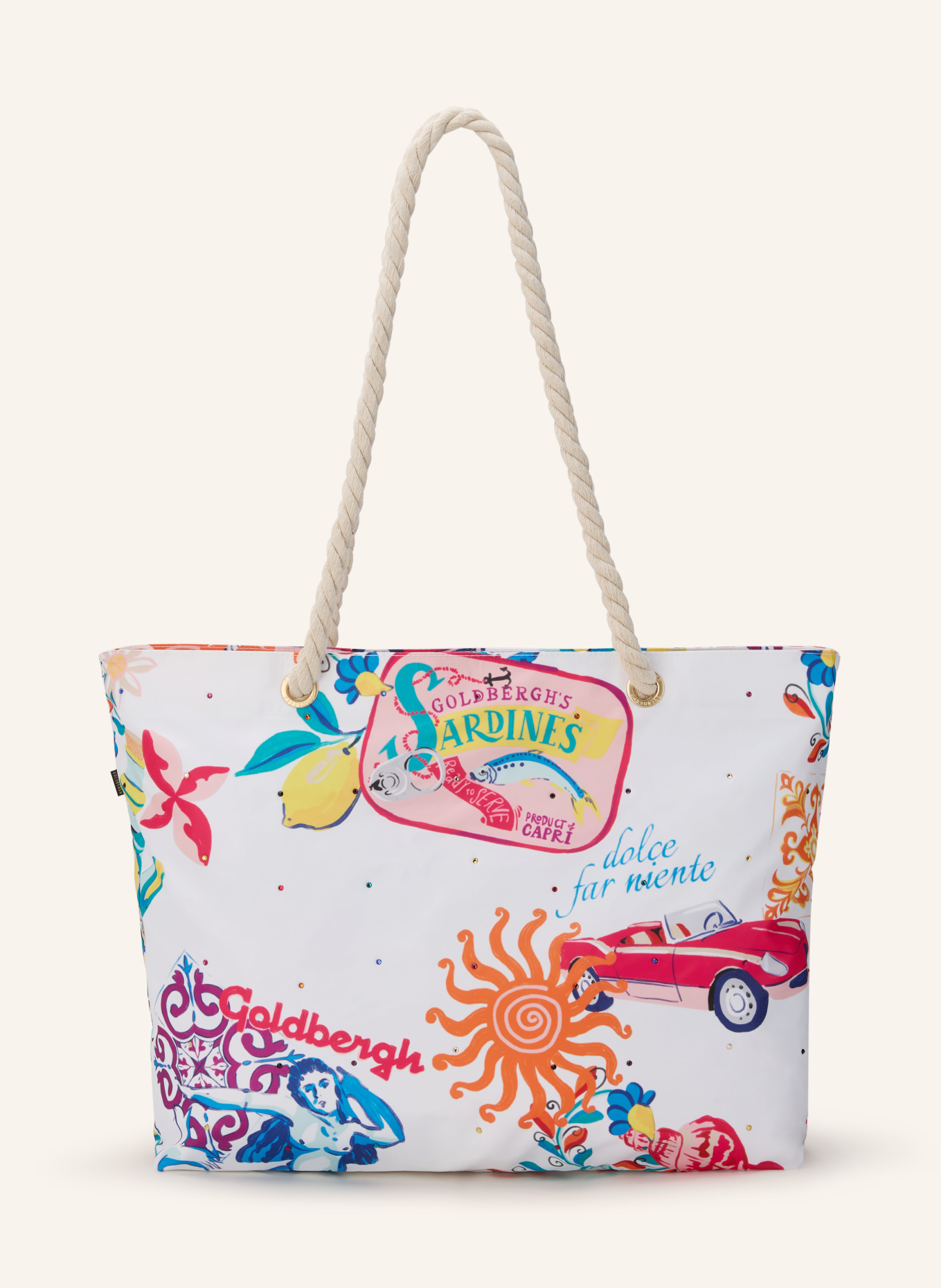 GOLDBERGH Strandtasche ANGELA mit Schmucksteinen: WEISS / GELB / BLAU