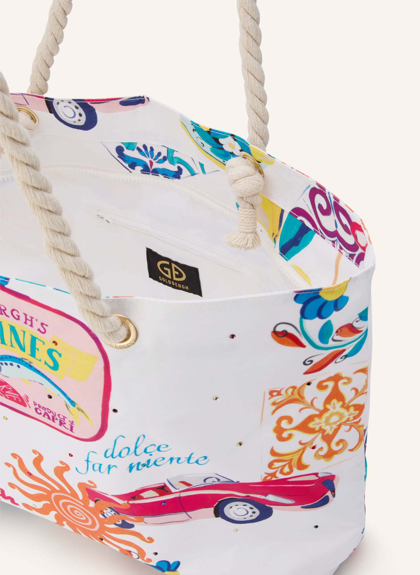 GOLDBERGH Strandtasche ANGELA mit Schmucksteinen: WEISS / GELB / BLAU
