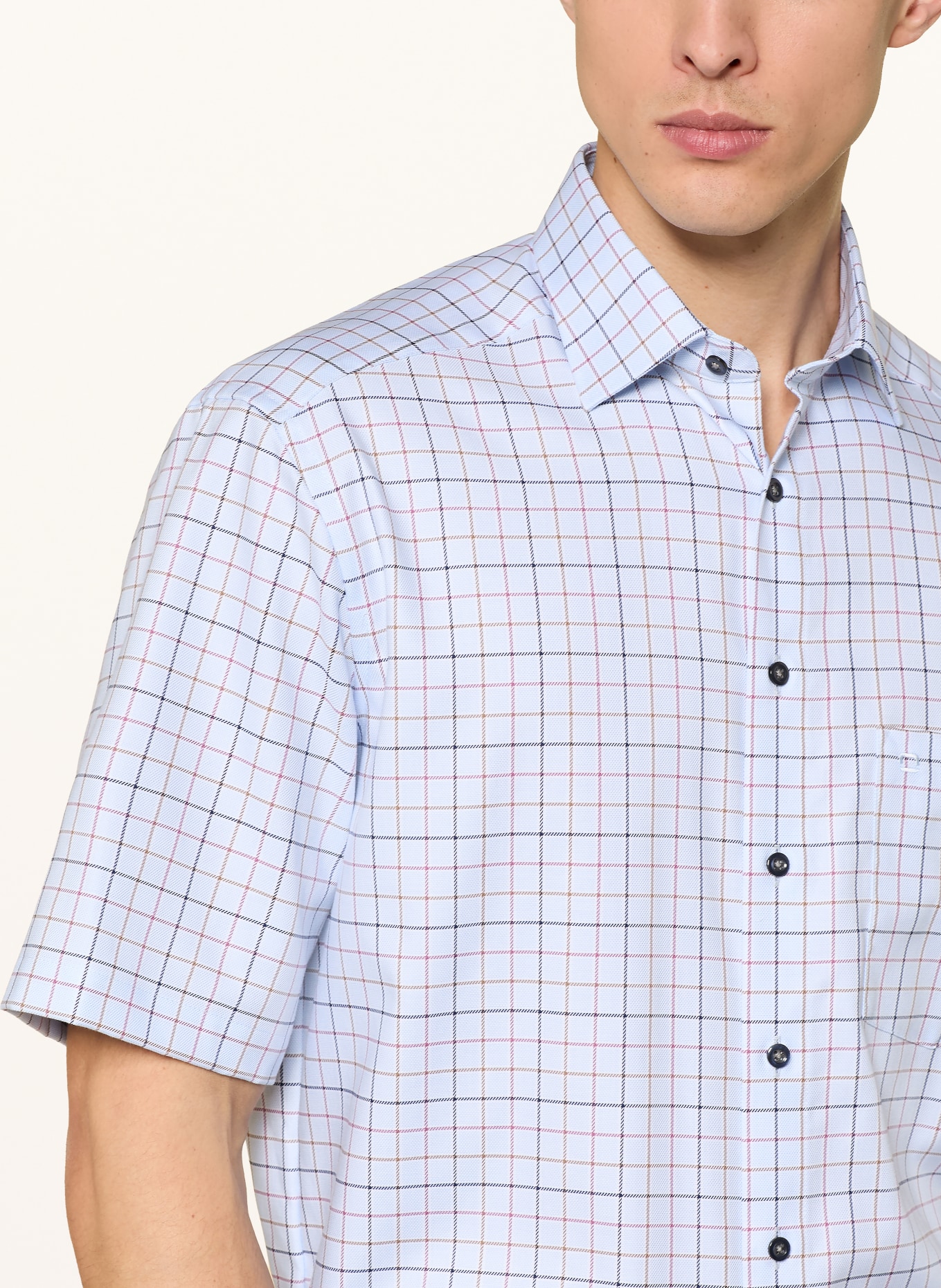 OLYMP Kurzarm-Hemd Luxor comfort fit: HELLBLAU / BEIGE / DUNKELROT