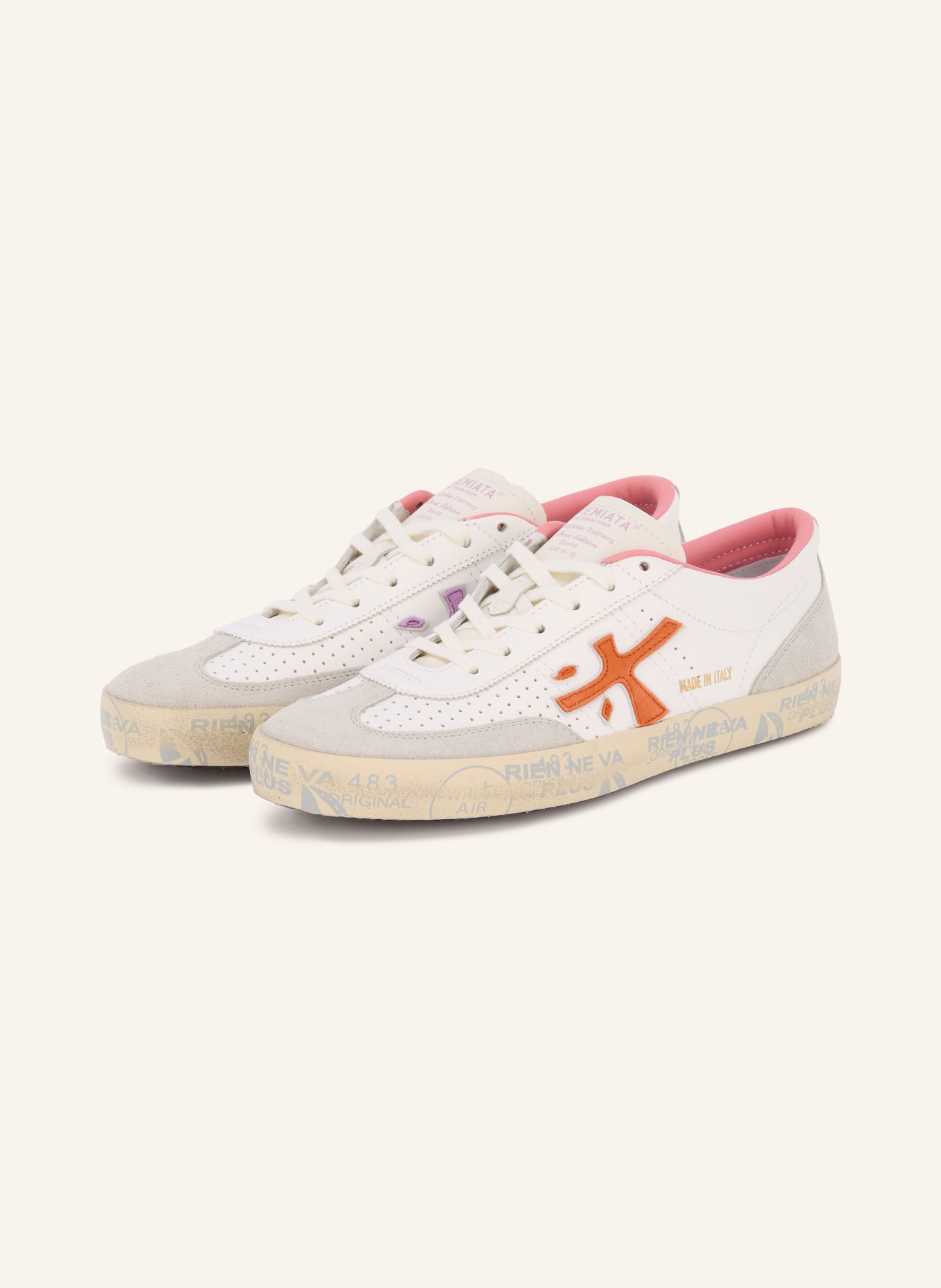 PREMIATA Baskets PREMIUM DAVID: BLANC / GRIS CLAIR / ORANGE