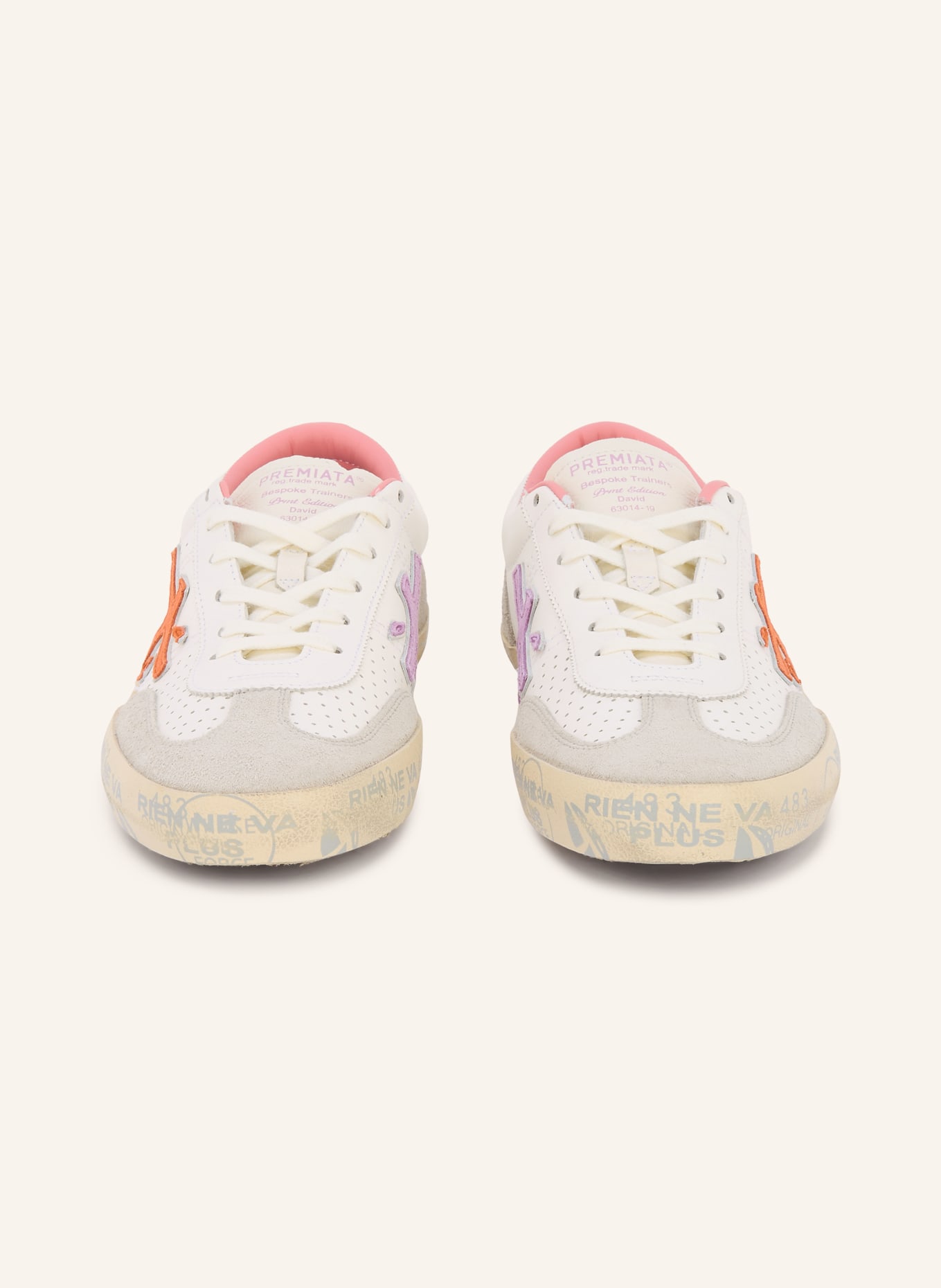 PREMIATA Baskets PREMIUM DAVID: BLANC / GRIS CLAIR / ORANGE