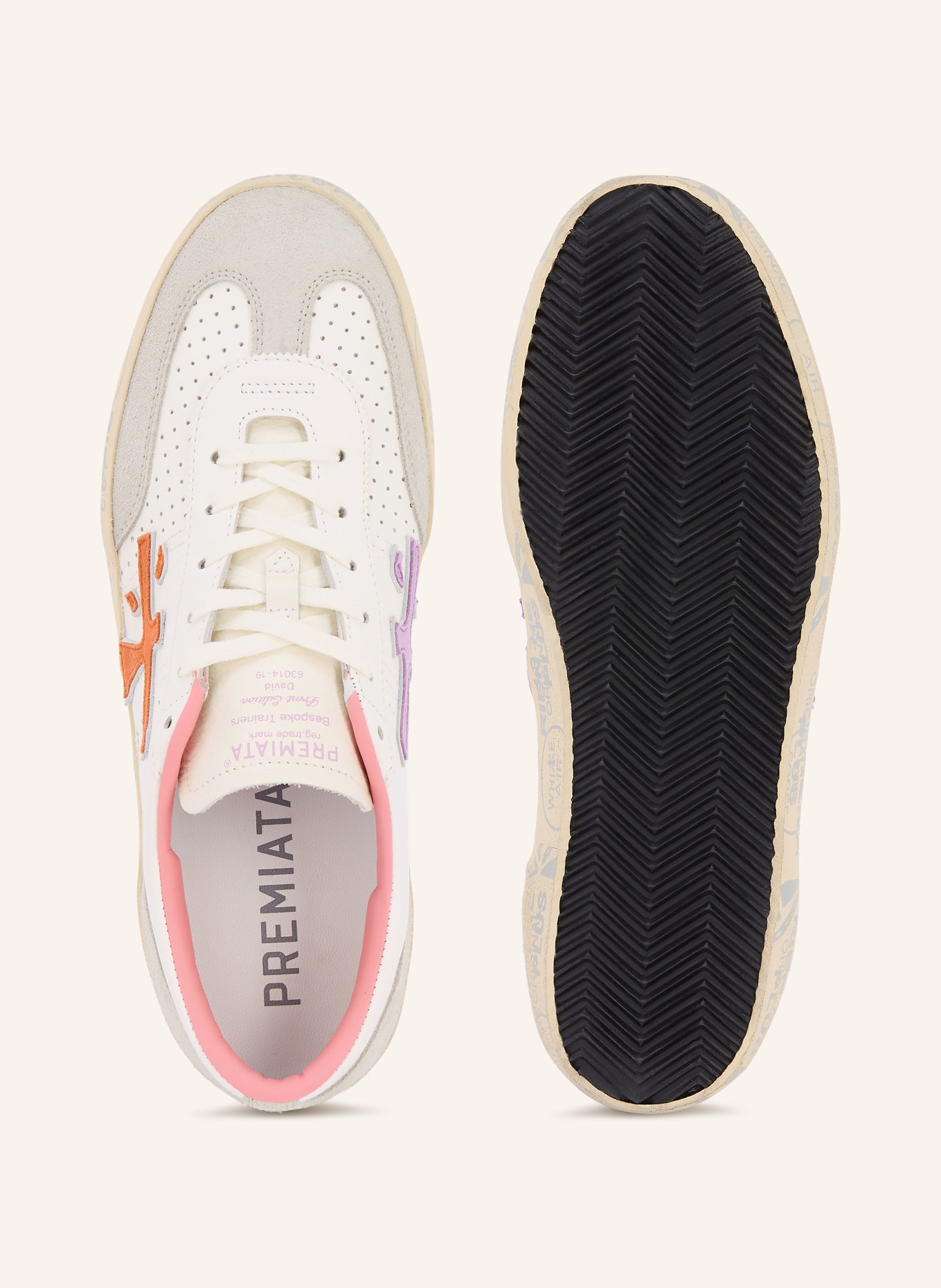 PREMIATA Baskets PREMIUM DAVID: BLANC / GRIS CLAIR / ORANGE