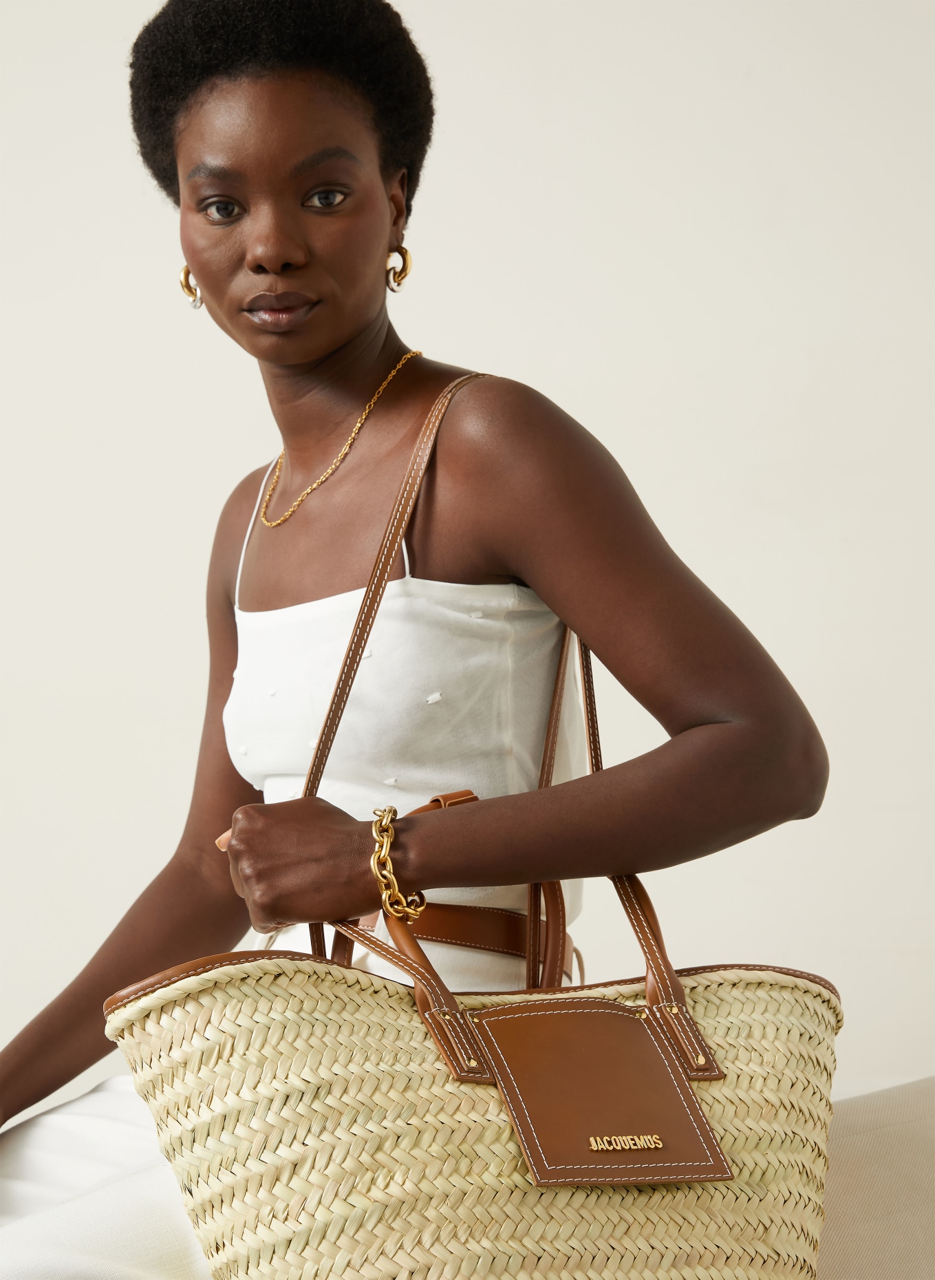 JACQUEMUS Shopper LE PANIER SOLI: ECRU / GOLD