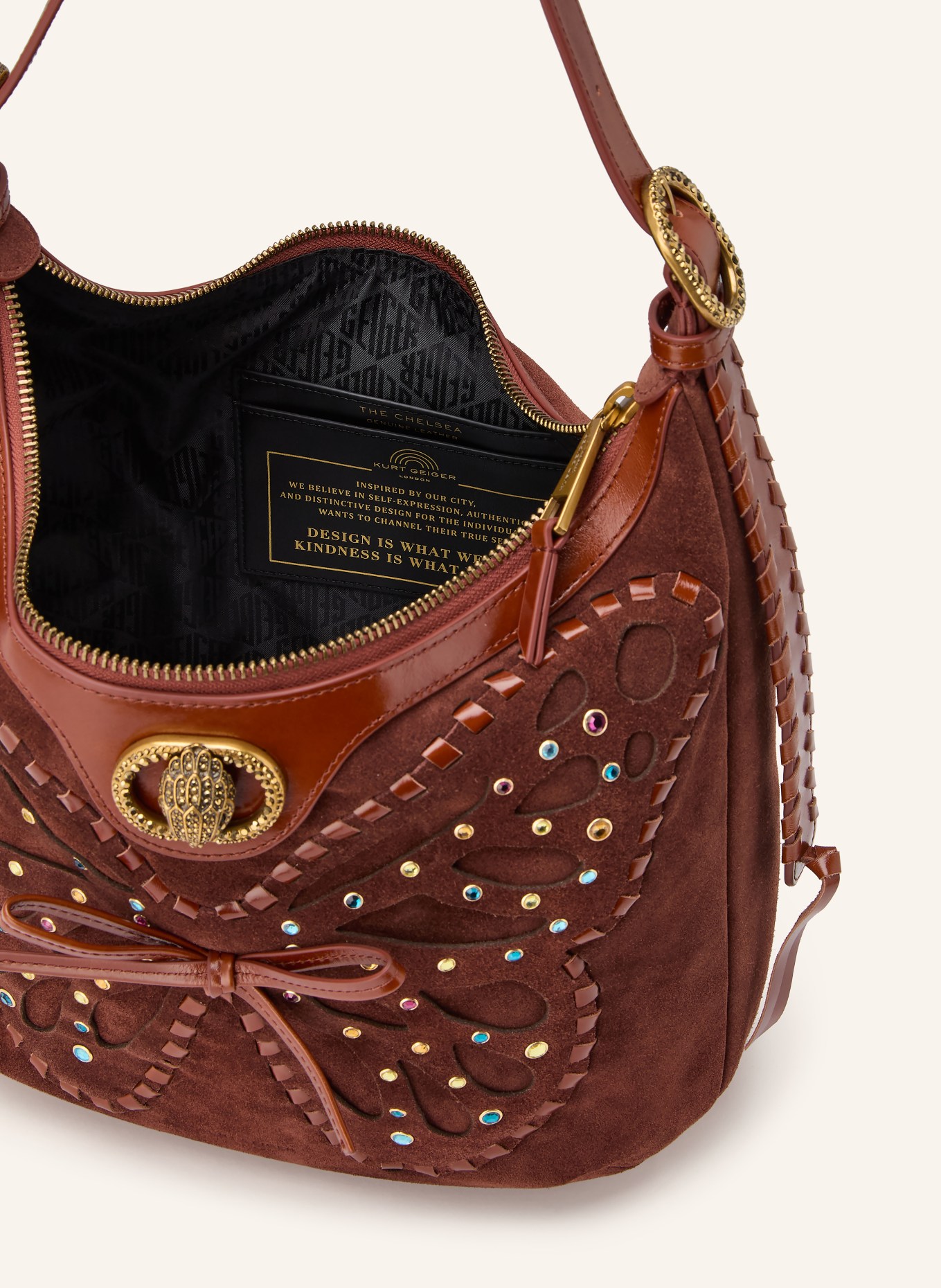 KURT GEIGER Schultertasche mit Schmucksteinen: BRAUN / GOLD