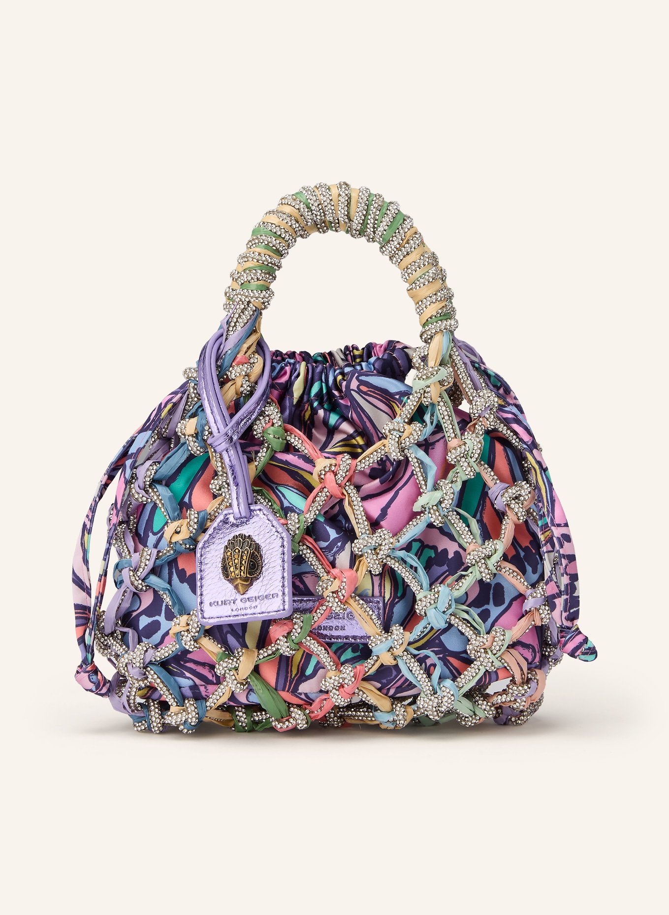 KURT GEIGER Beuteltasche MACRAME CRYSTAL mit Schmucksteinen: LILA / ROSA / HELLGRÜN