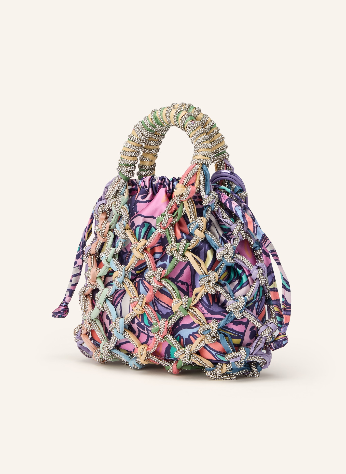 KURT GEIGER Beuteltasche MACRAME CRYSTAL mit Schmucksteinen: LILA / ROSA / HELLGRÜN