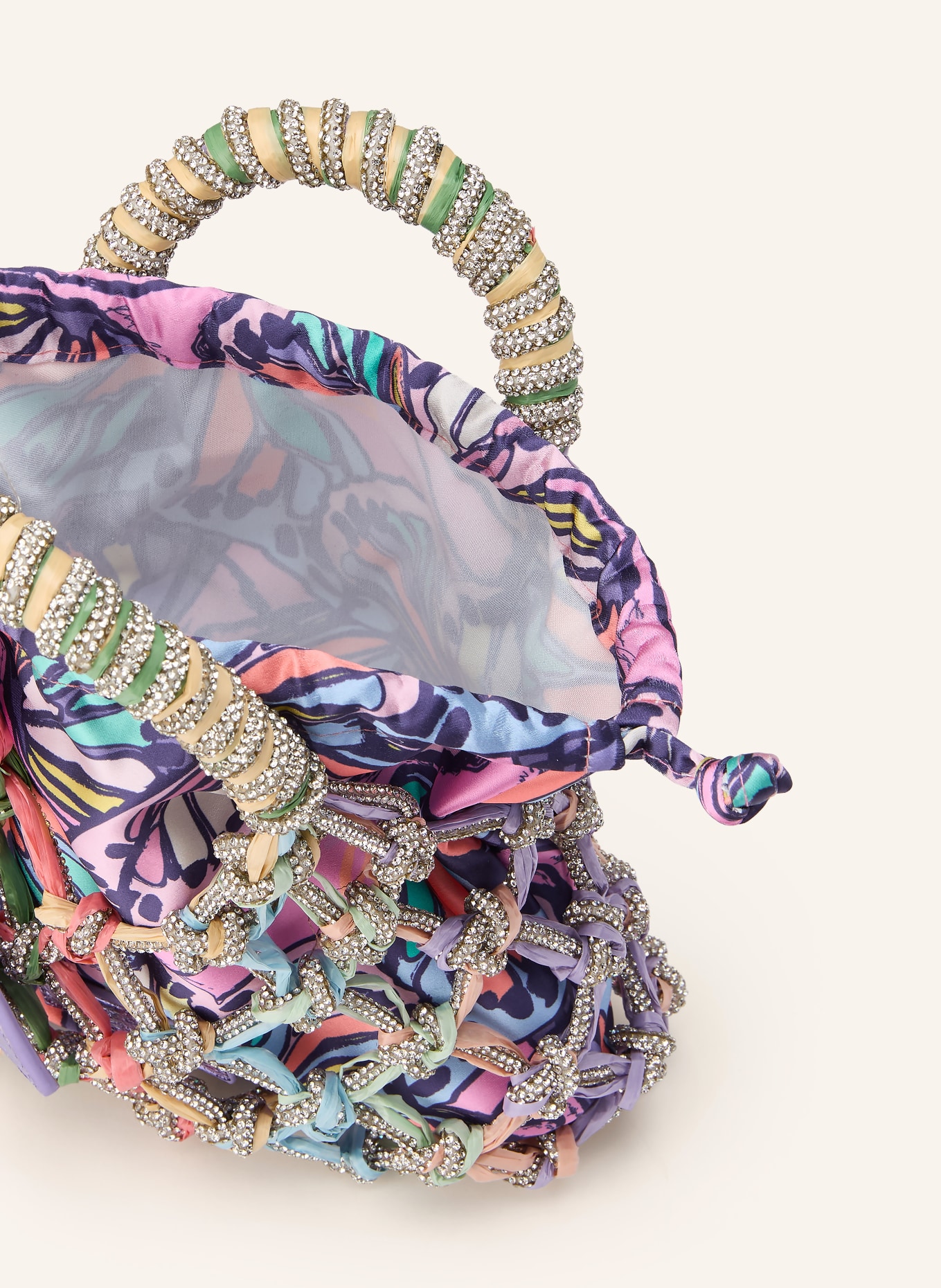 KURT GEIGER Beuteltasche MACRAME CRYSTAL mit Schmucksteinen: LILA / ROSA / HELLGRÜN