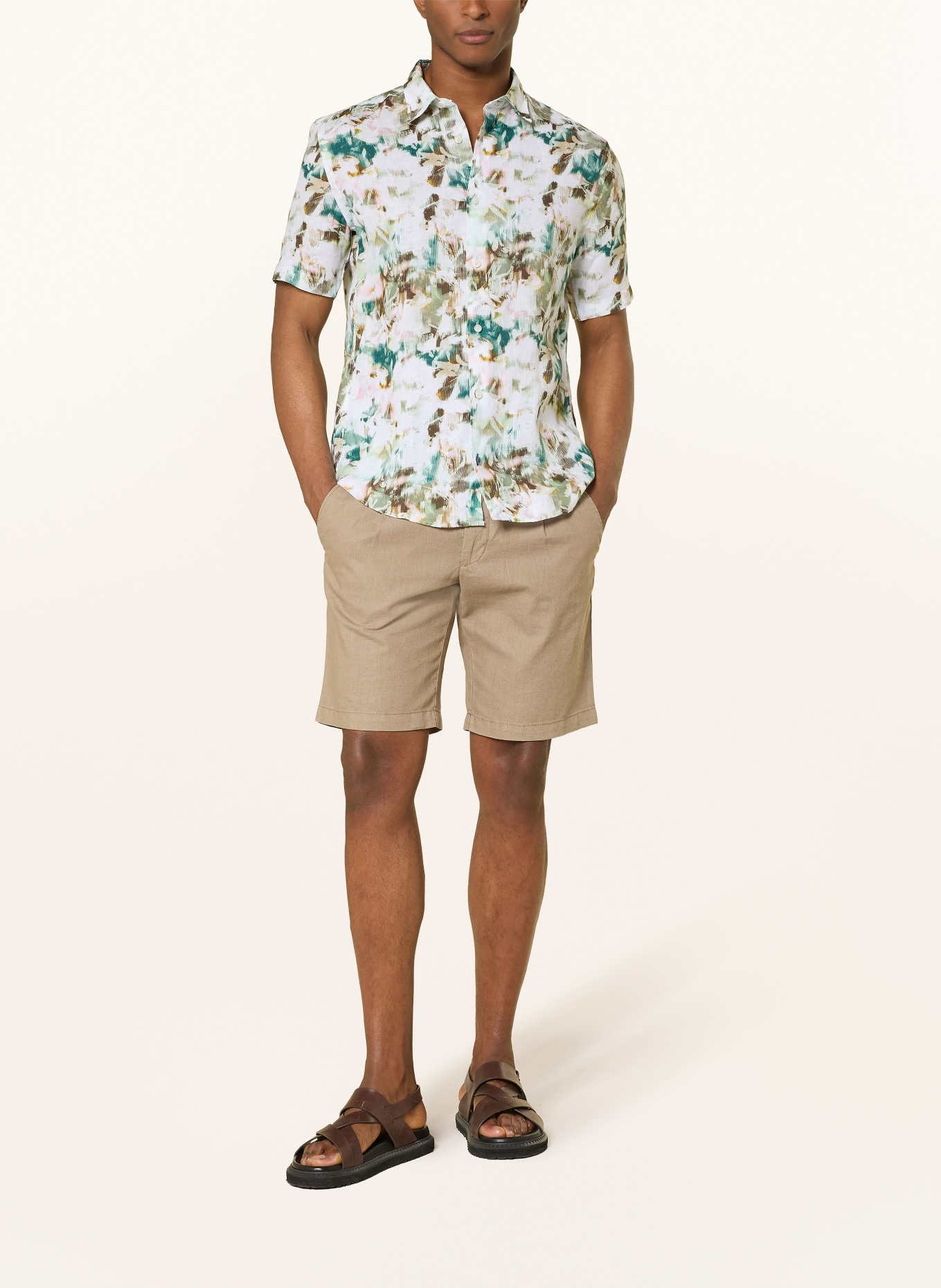 OLYMP Kurzarm-Hemd Casual regular fit: GRÜN / BRAUN / WEISS