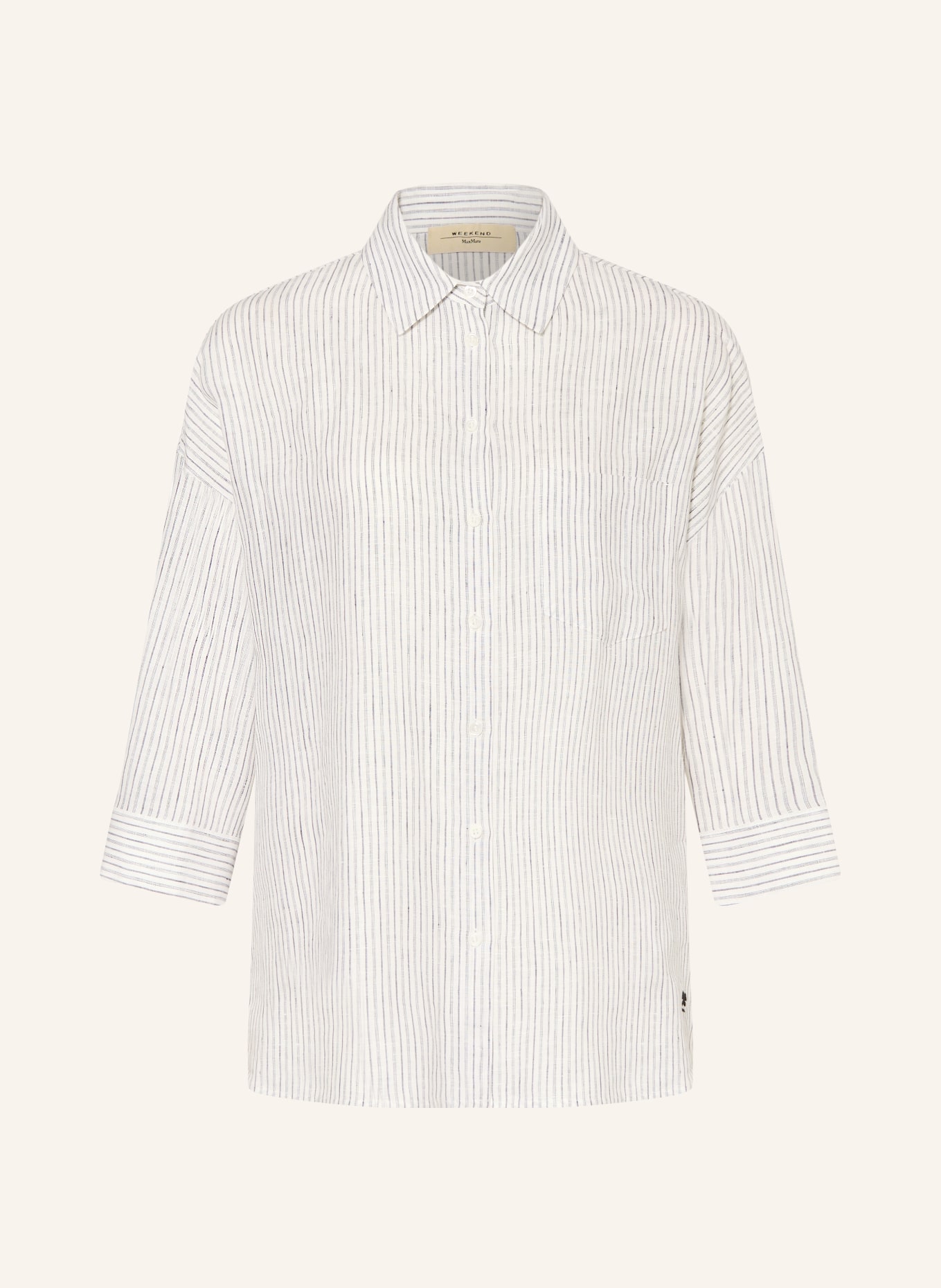 WEEKEND Max Mara PANETTO linen shirt blouse with 3/4 sleeves: WHITE / DARK BLUE