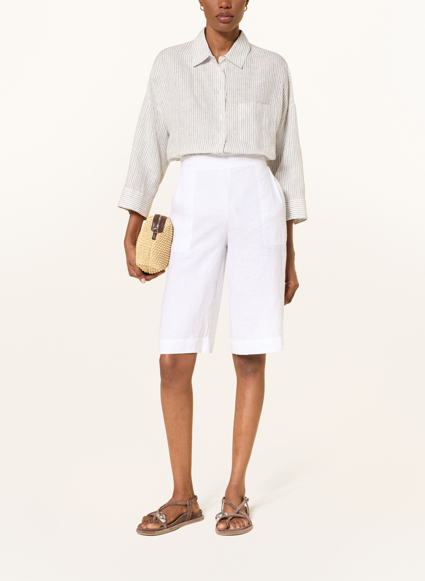 WEEKEND Max Mara PANETTO linen shirt blouse with 3/4 sleeves: WHITE / DARK BLUE