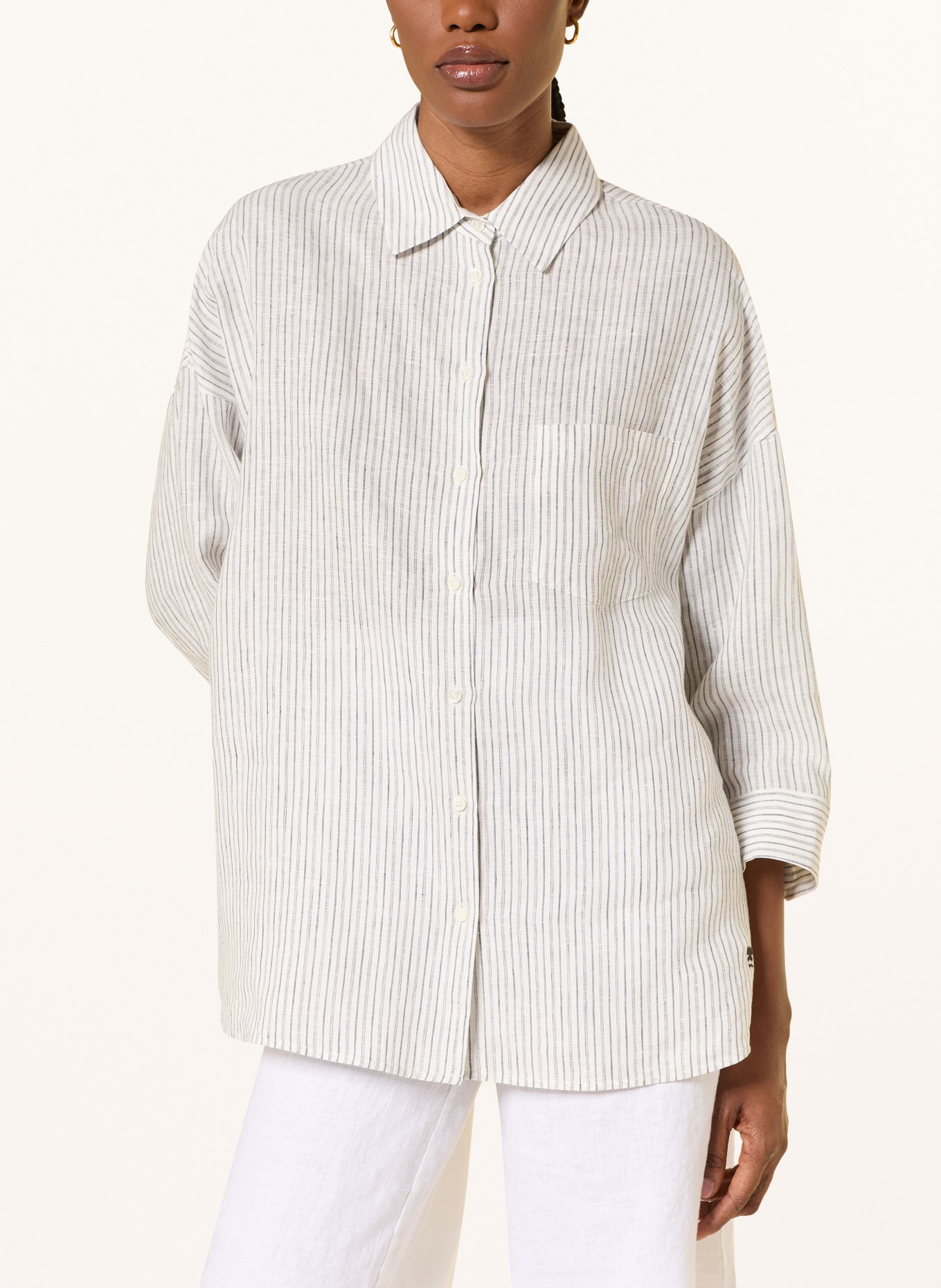 WEEKEND Max Mara PANETTO linen shirt blouse with 3/4 sleeves: WHITE / DARK BLUE