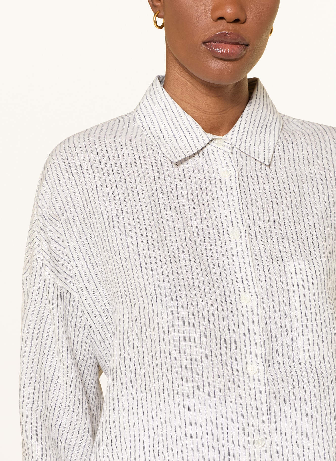 WEEKEND Max Mara PANETTO linen shirt blouse with 3/4 sleeves: WHITE / DARK BLUE