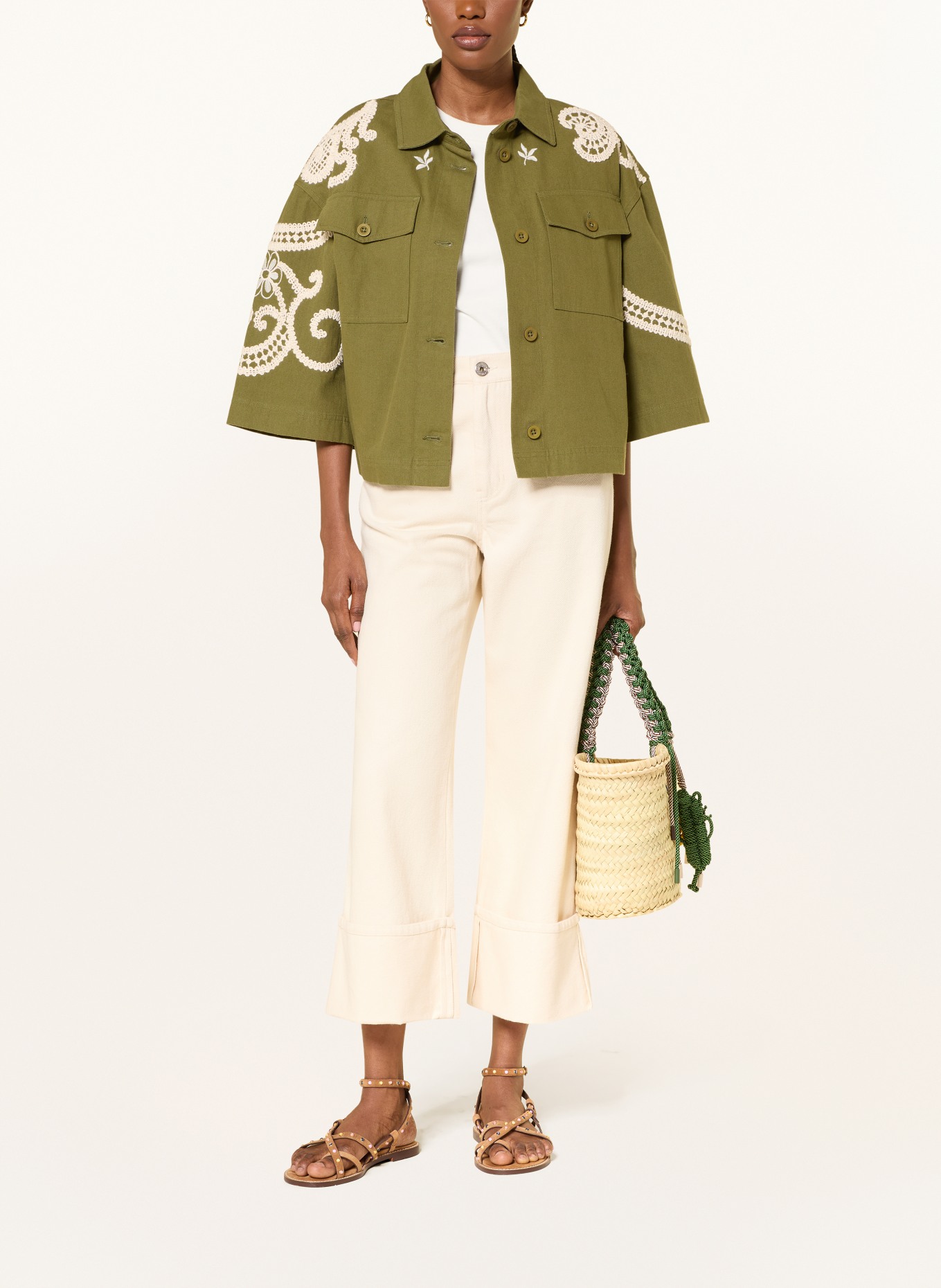 WEEKEND Max Mara COMO Oversized Jacket with 3/4-Length Sleeves: GREEN / WHITE