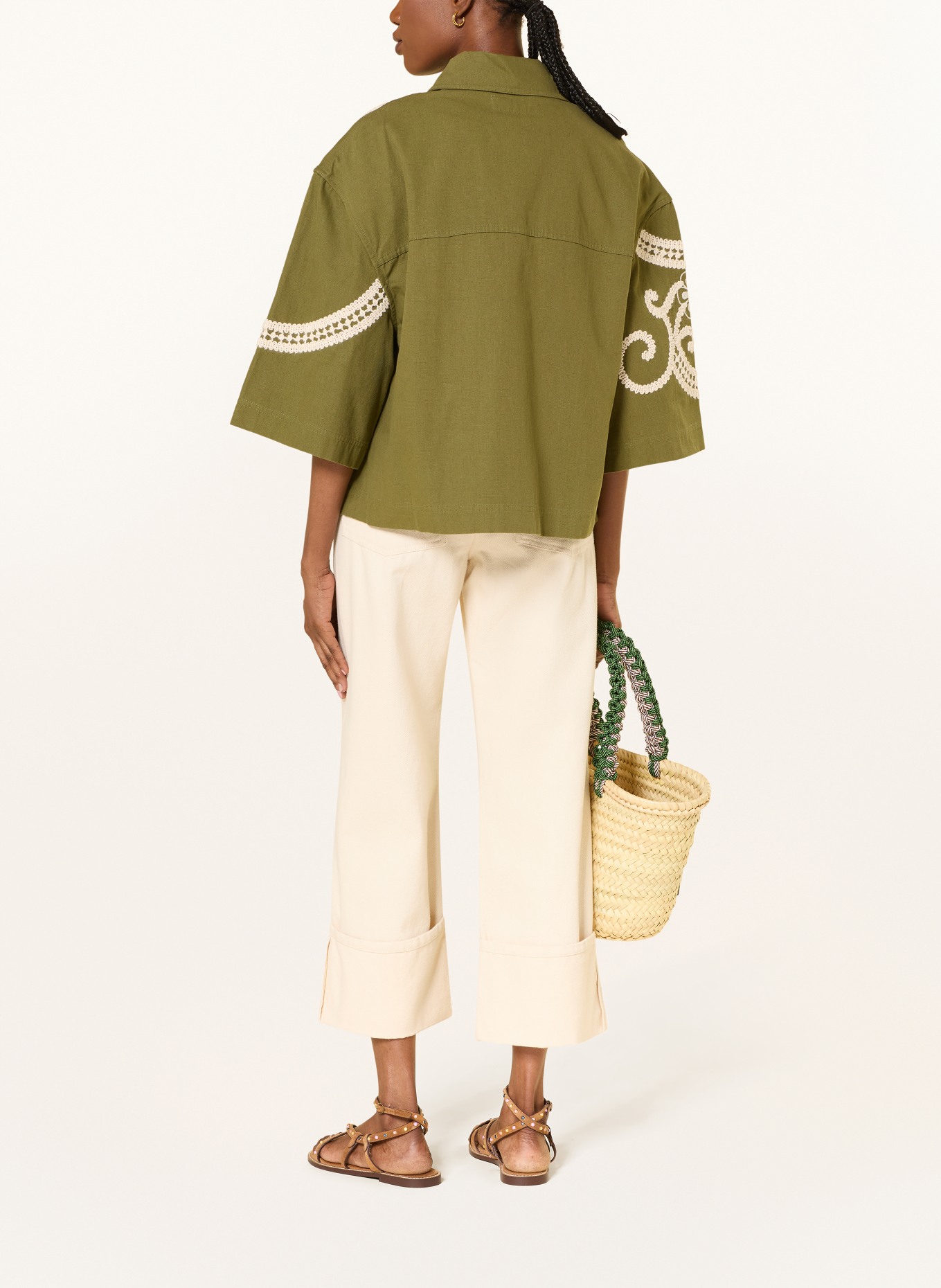 WEEKEND Max Mara COMO Oversized Jacket with 3/4-Length Sleeves: GREEN / WHITE
